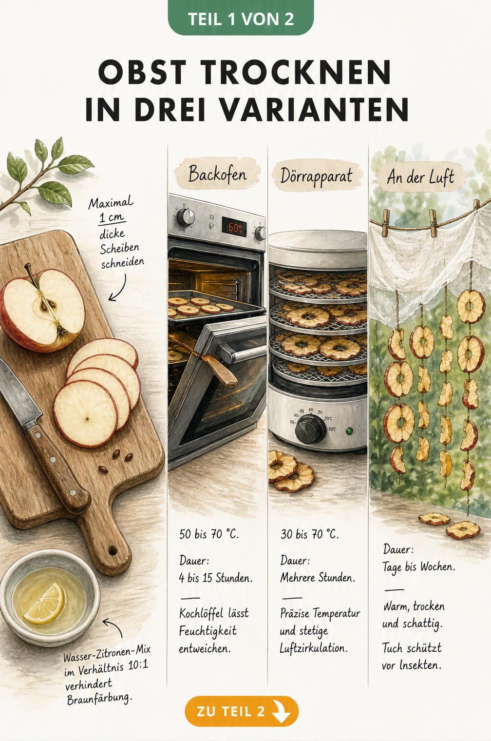 Illustration einer Küchenarbeitsfläche mit Apfelscheiben, Messer und drei Trocknungsmethoden: Backofen, Dörrautomat und an der Luft.
