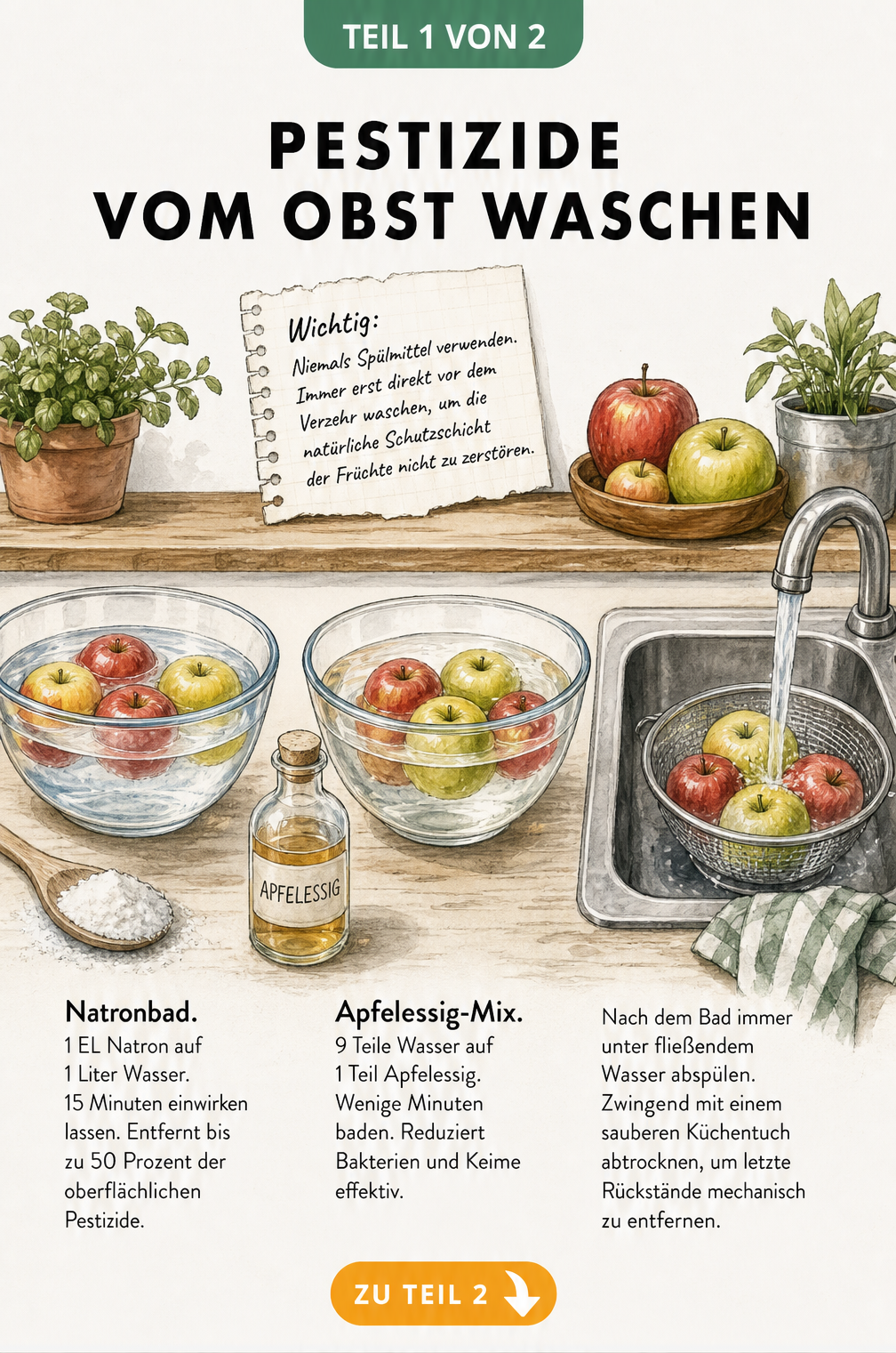 Illustration von zwei Schüsseln mit Natronbad und Apfelessig-Mix sowie einem Spülbecken zum Waschen von Obst
