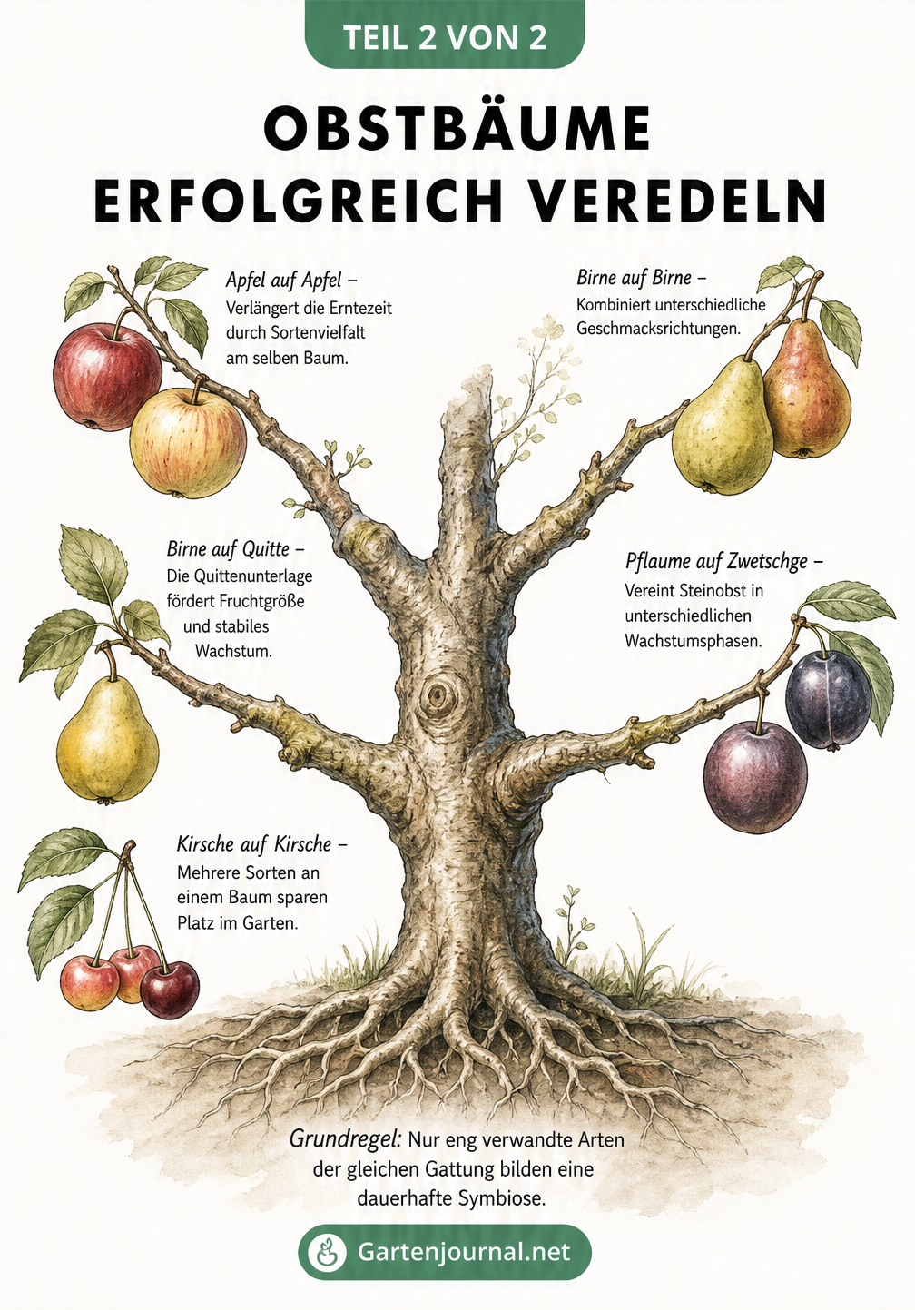 Aquarell-Illustration eines Obstbaums mit fünf Ästen, die erfolgreiche Veredelungs-Kombinationen wie Apfel auf Apfel und Birne auf Quitte zeigen.