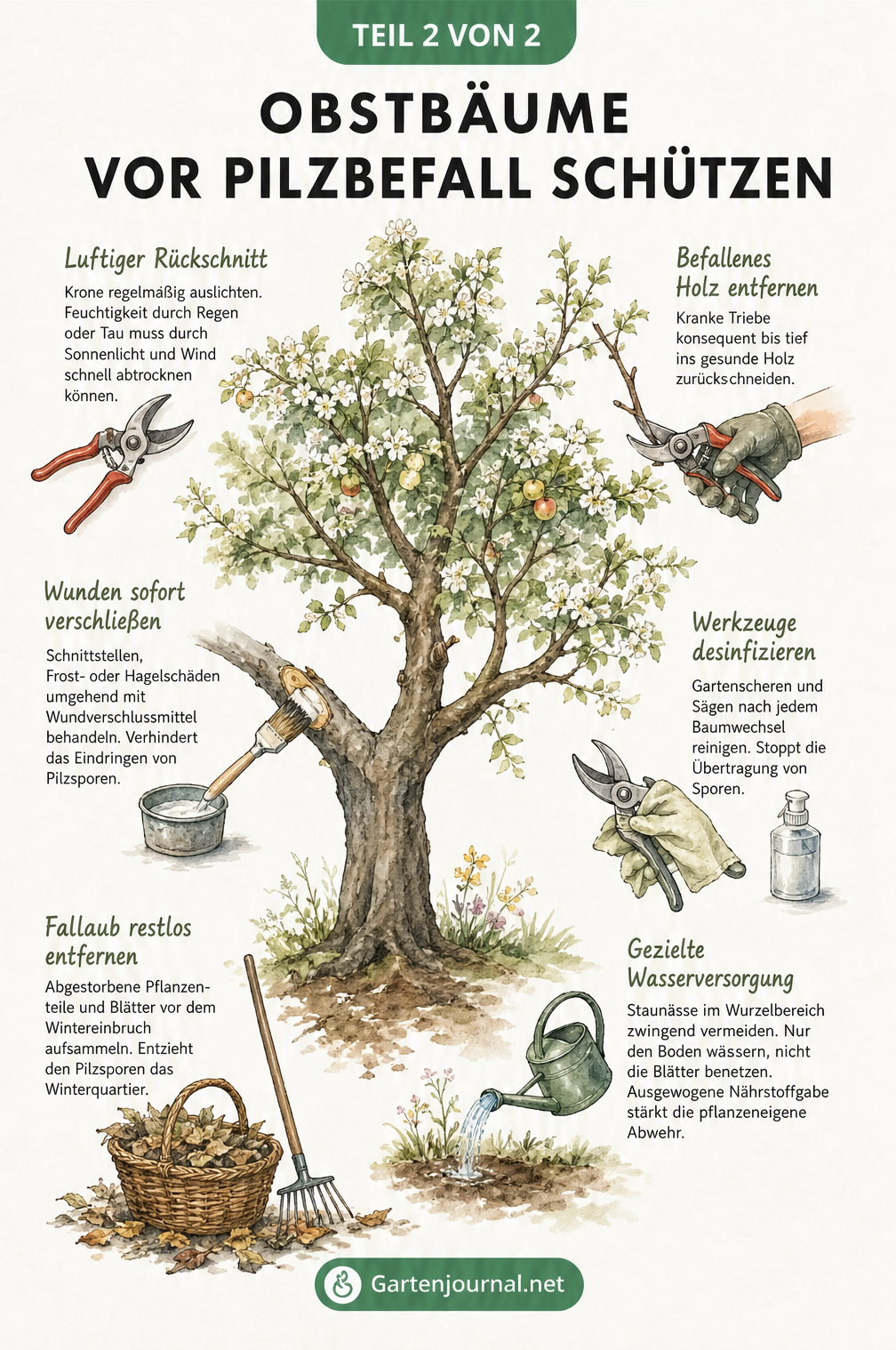 Aquarell-Illustration eines gesunden Obstbaums mit Pflegemaßnahmen wie Rückschnitt, Wundverschluss und Laubentfernung