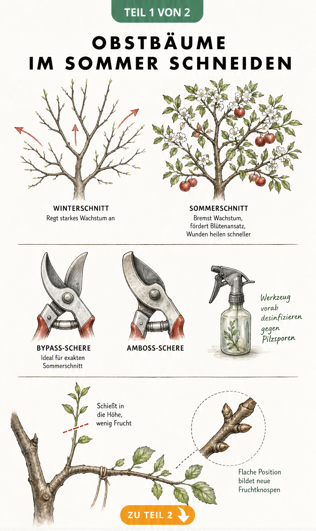 Illustration zum Sommerschnitt bei Obstbäumen: Vergleich zum Winterschnitt, Bypass-Schere und Wuchsrichtung der Triebe