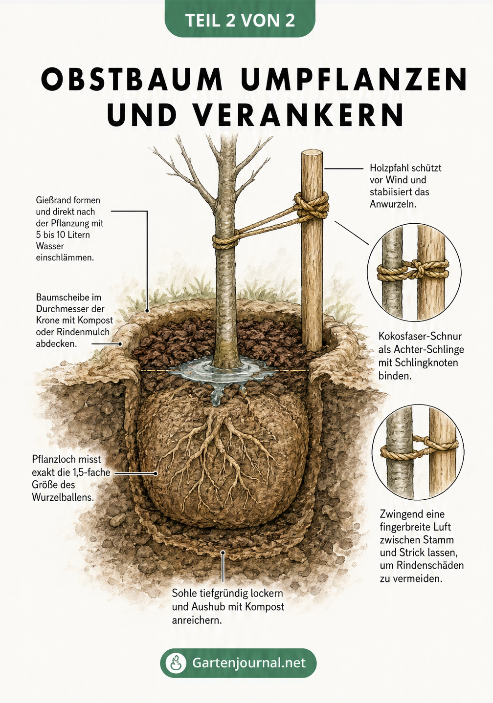 Detaillierter Querschnitt eines frisch gepflanzten Obstbaumes mit Wurzelballen, Pflanzloch, Gießrand, Mulchschicht und Stützpfahl mit Kokosfaser-Schnur