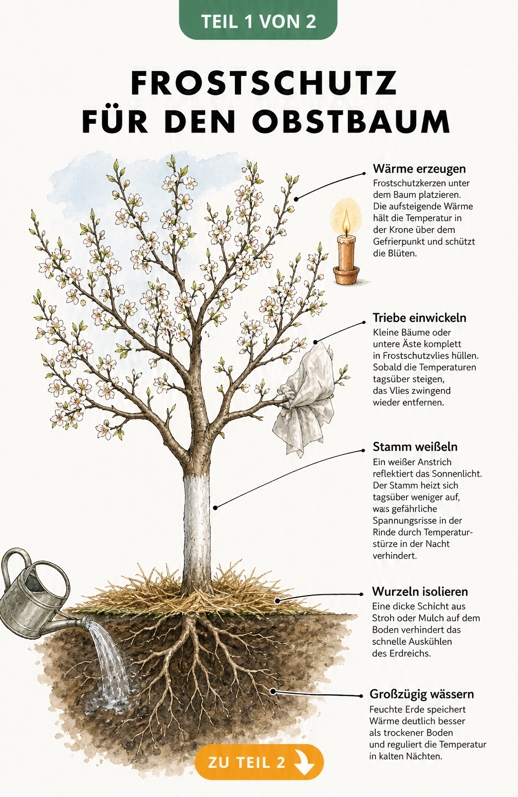 Illustration eines Obstbaums mit Frostschutzmaßnahmen wie Frostschutzkerzen, Vlies, weißem Stamm, Mulch und gewässerter Erde