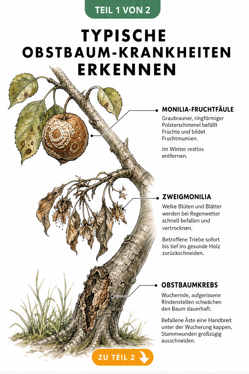 Botanische Illustration eines Obstbaumastes mit Schadbildern von Monilia-Fruchtfäule, Zweigmonilia und Obstbaumkrebs