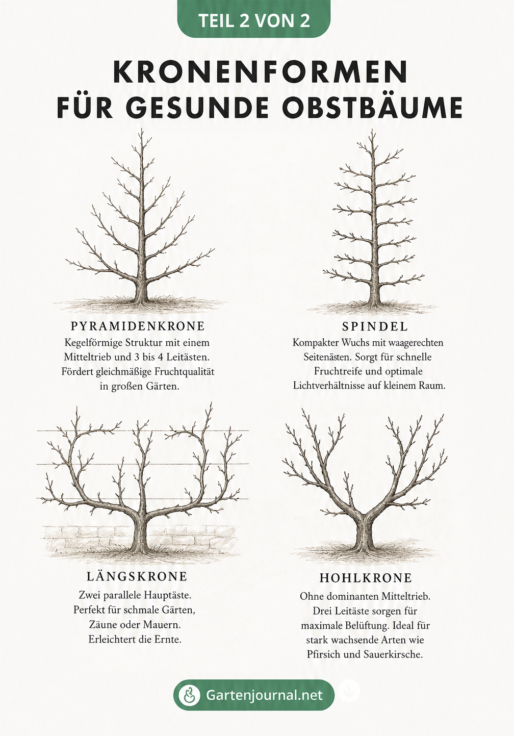 Botanische Zeichnung von vier Obstbaum-Kronenformen: Pyramidenkrone, Spindel, Längskrone und Hohlkrone.
