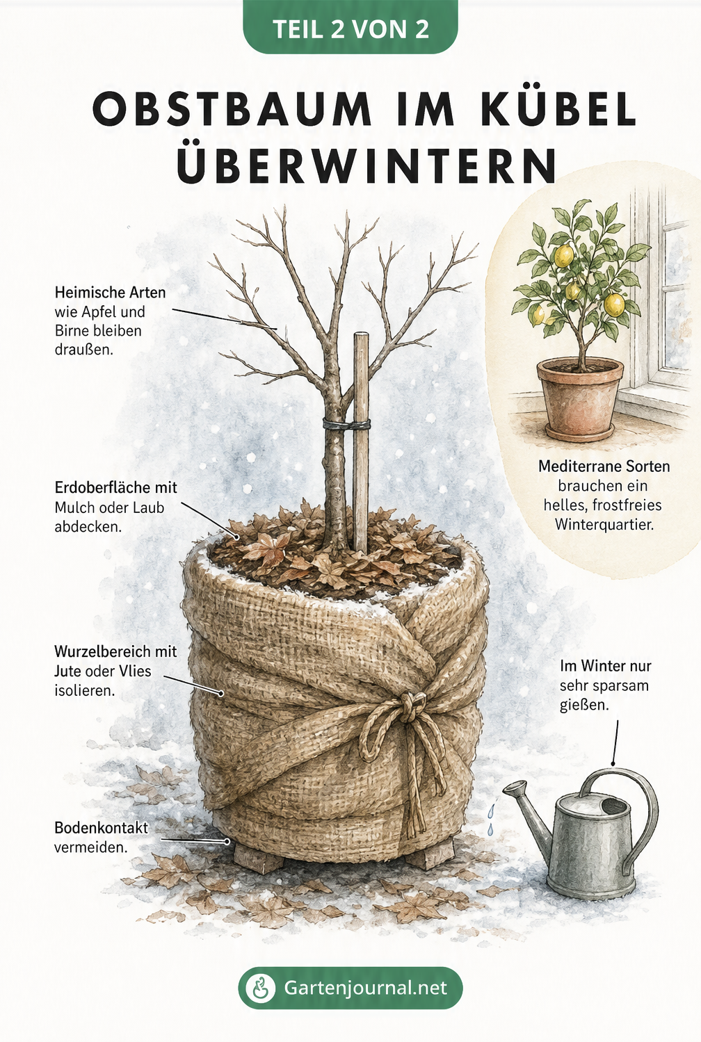 Illustration eines winterfest eingepackten Obstbaums im Kübel mit Jute, Mulch und Füßen unter dem Topf