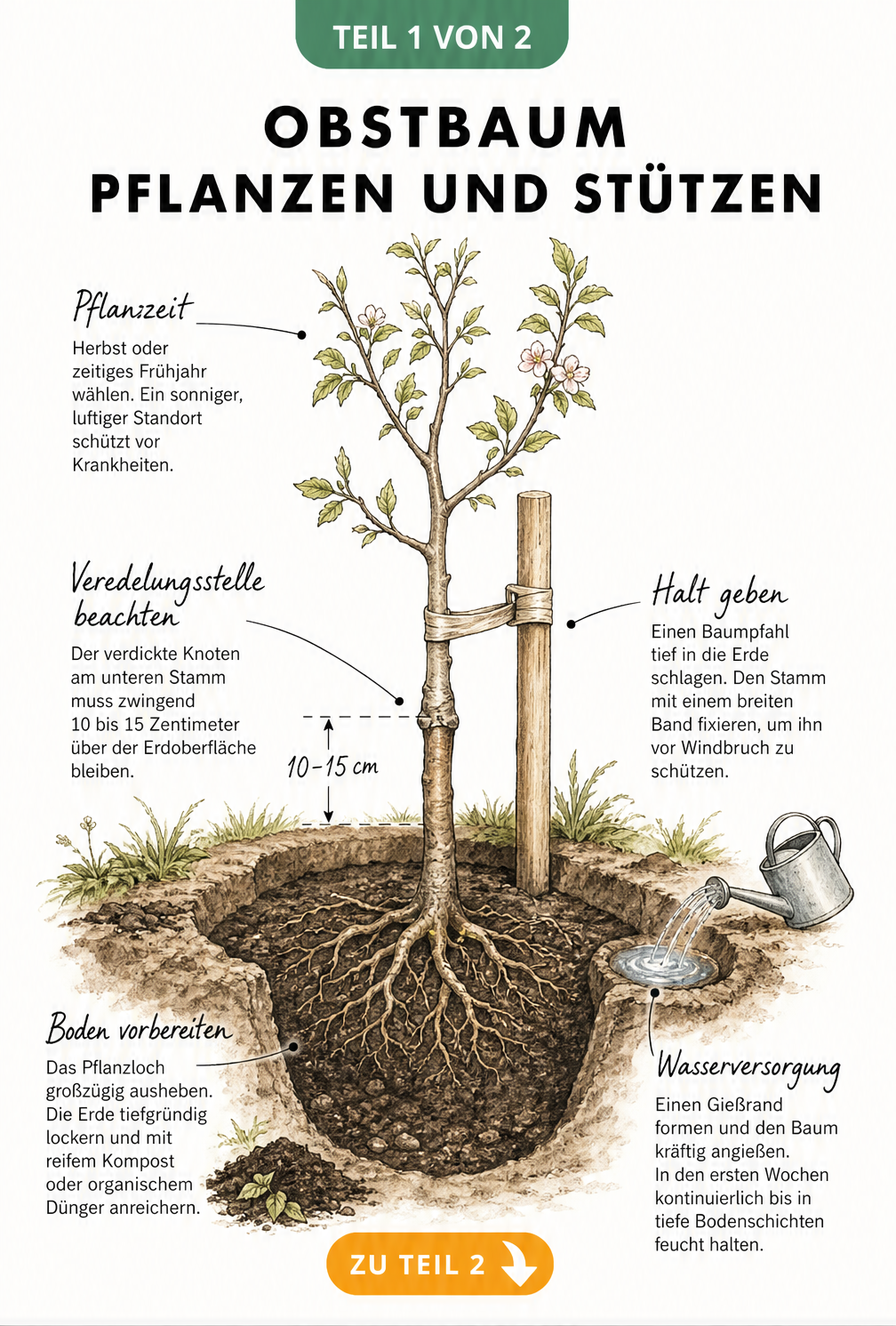 Querschnitt-Illustration eines frisch gepflanzten jungen Obstbaums mit Hinweisen zu Pflanzzeit, Veredelungsstelle, Stützpfahl, Bodenvorbereitung und...