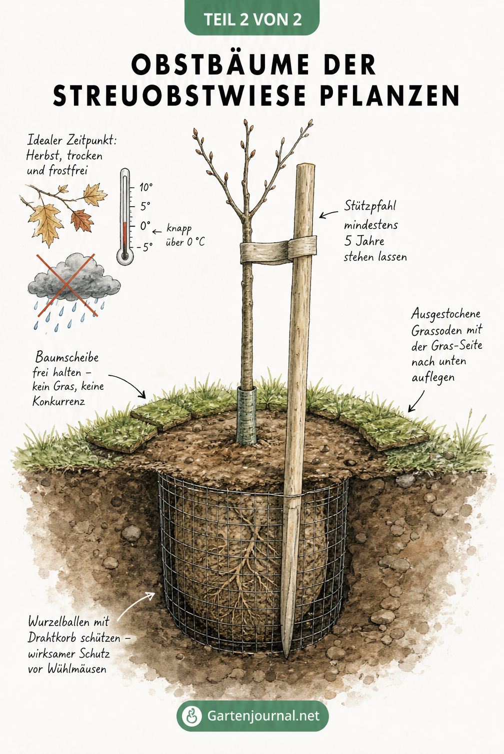 Illustration eines frisch gepflanzten Obstbaums mit Wühlmausschutz, Stützpfahl und Baumscheibe