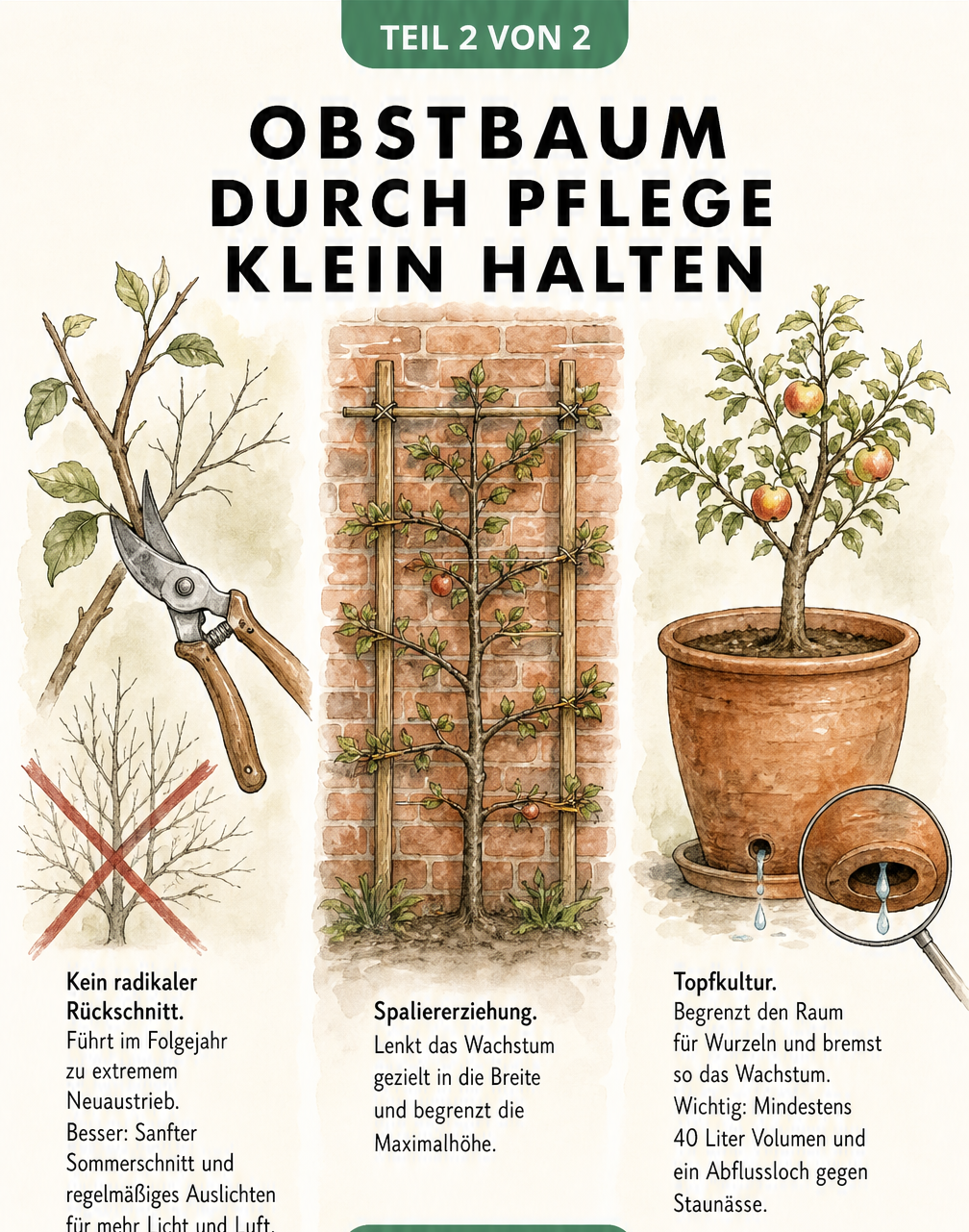 Aquarell-Skizze mit drei Methoden zur Größenkontrolle: sanfter Sommerschnitt, Spaliererziehung und Topfkultur