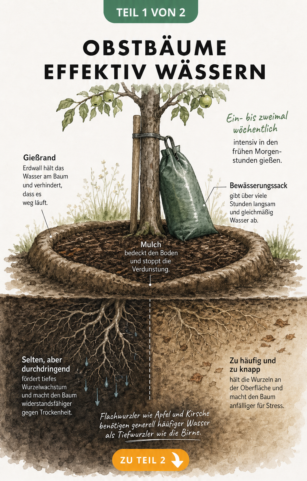 Querschnitt-Illustration eines Obstbaums mit Gießrand, Mulchschicht und Bewässerungssack sowie tiefem und flachem Wurzelwachstum je nach Gießverhalten.