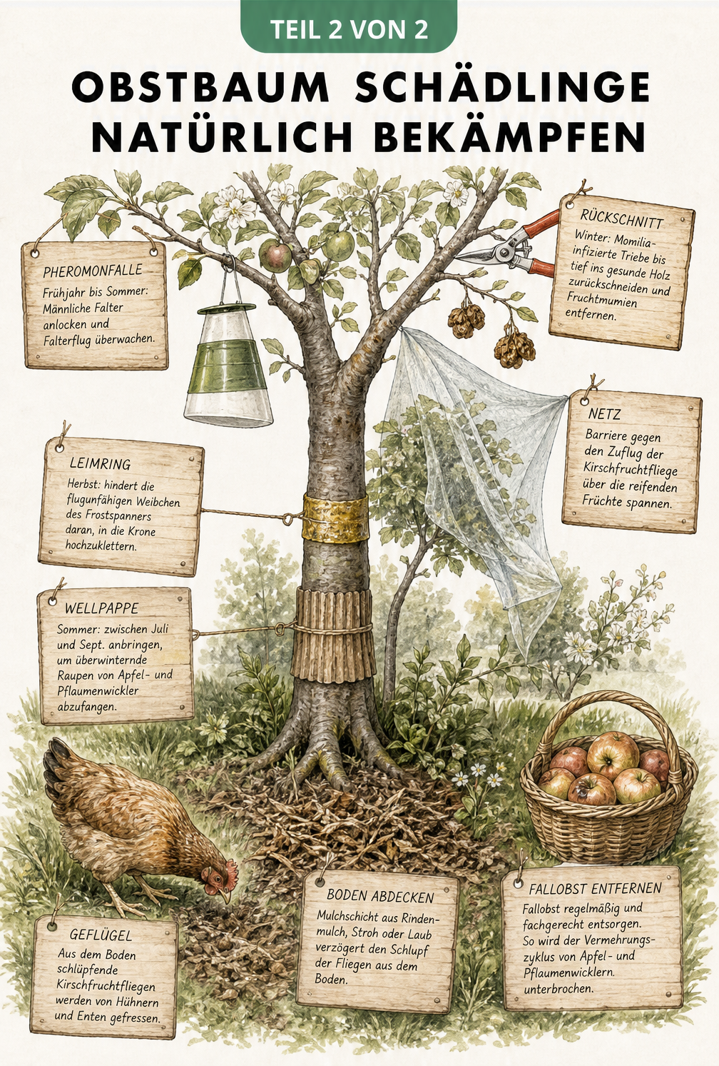 Illustration eines Obstbaums mit natürlichen Abwehrmaßnahmen wie Hühnern, Mulch, Wellpappe, Leimring, Pheromonfalle und Schutznetz.
