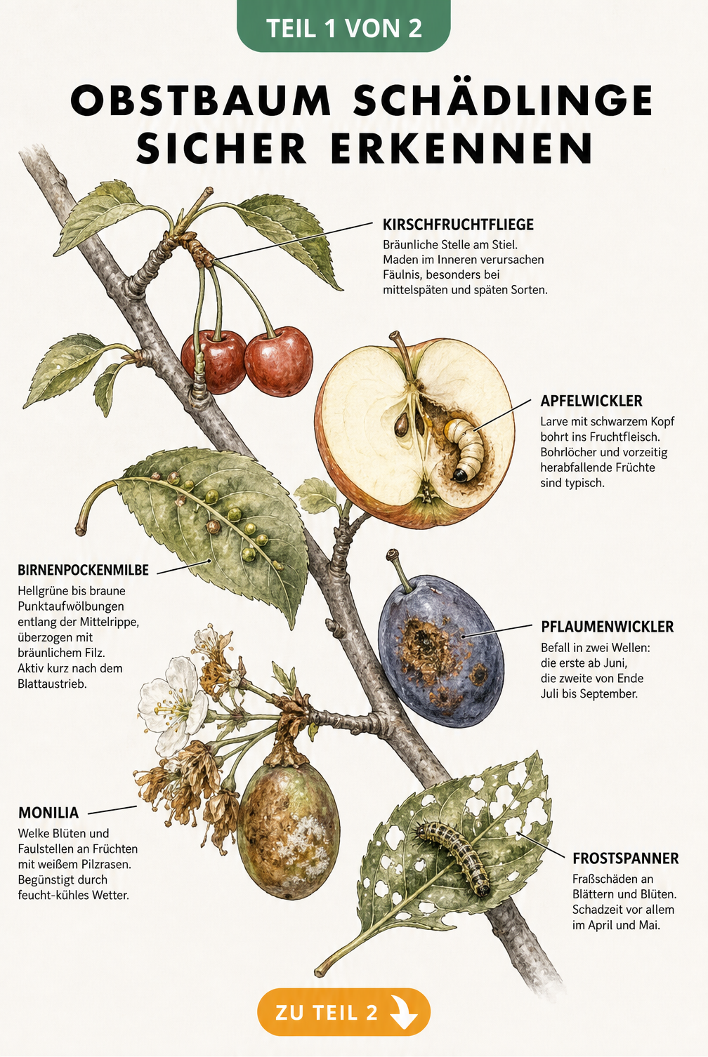 Botanische Illustration eines Obstbaumzweigs mit vergrößerten Schadbildern von Kirschfruchtfliege, Apfelwickler, Pflaumenwickler, Birnenpockenmilbe, Monilia...