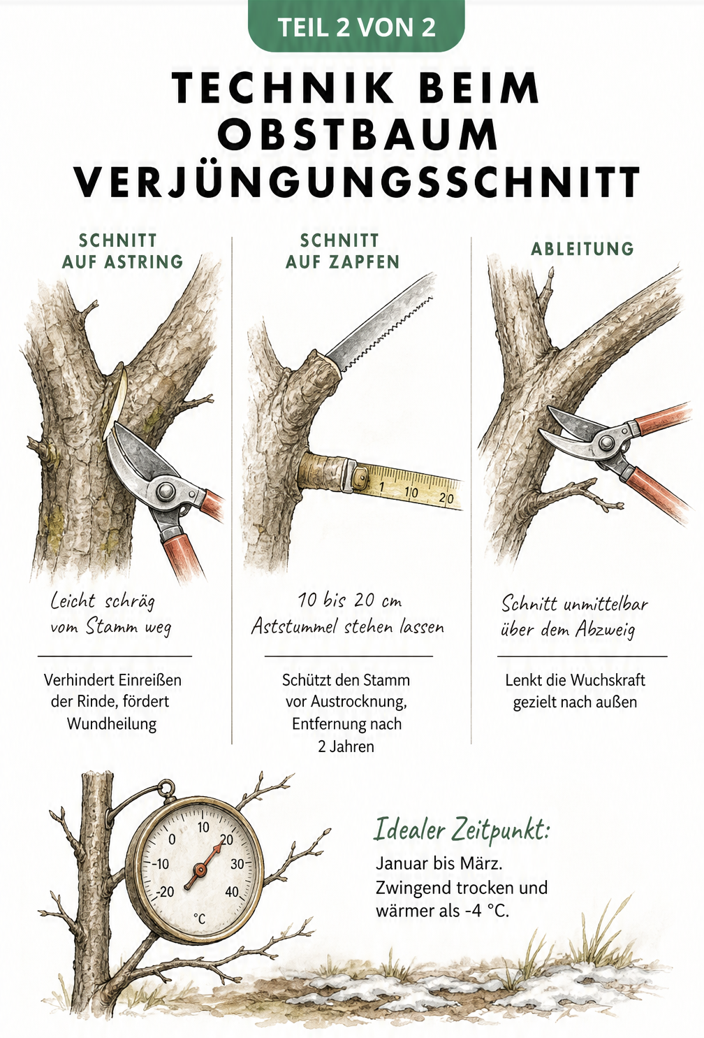 Detailzeichnung der Schnitttechniken am Obstbaum: Schnitt auf Astring, Zapfen und Ableitung