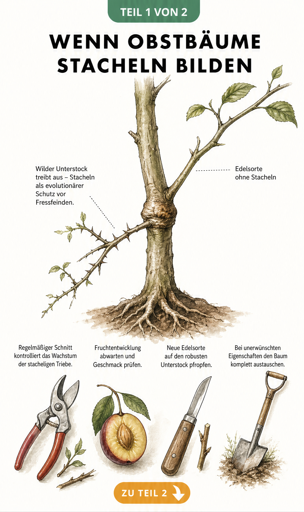 Illustration eines Obstbaums mit Veredelungsstelle, stacheligem Wildtrieb aus dem Unterstock und glattem Edelast sowie Gartenwerkzeugen zur Pflege
