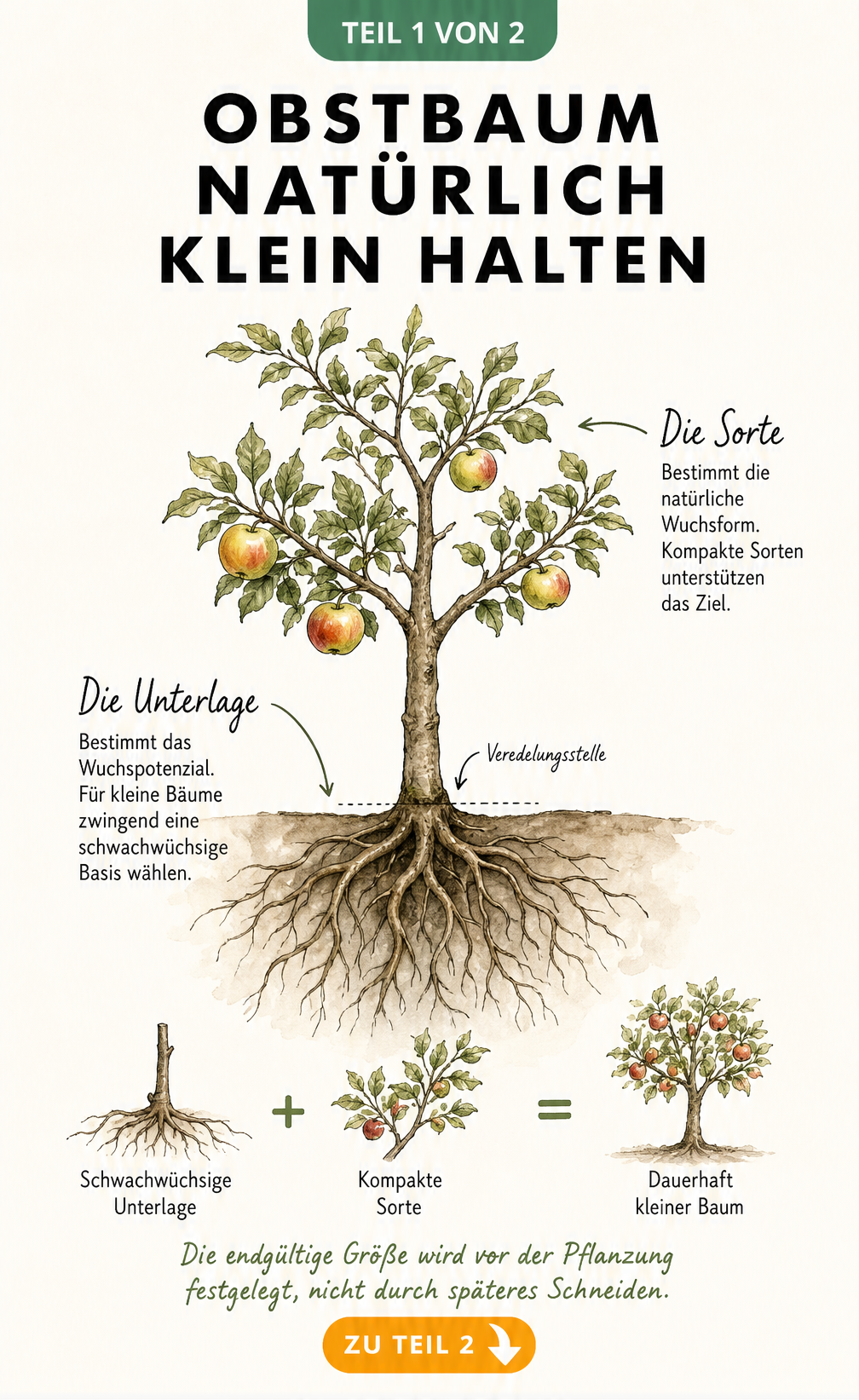 Botanische Illustration eines Apfelbaums, der die Bedeutung von Unterlage und Sorte für die Baumgröße zeigt