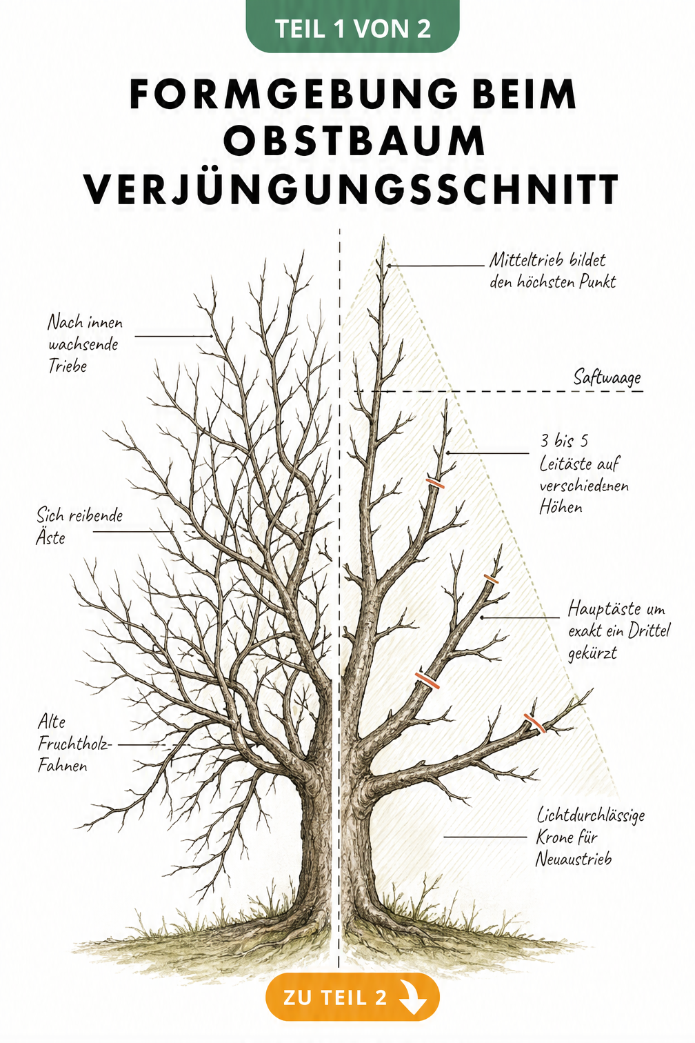 Illustration eines Obstbaums vor und nach dem Verjüngungsschnitt mit Fokus auf die Pyramidenform und Saftwaage