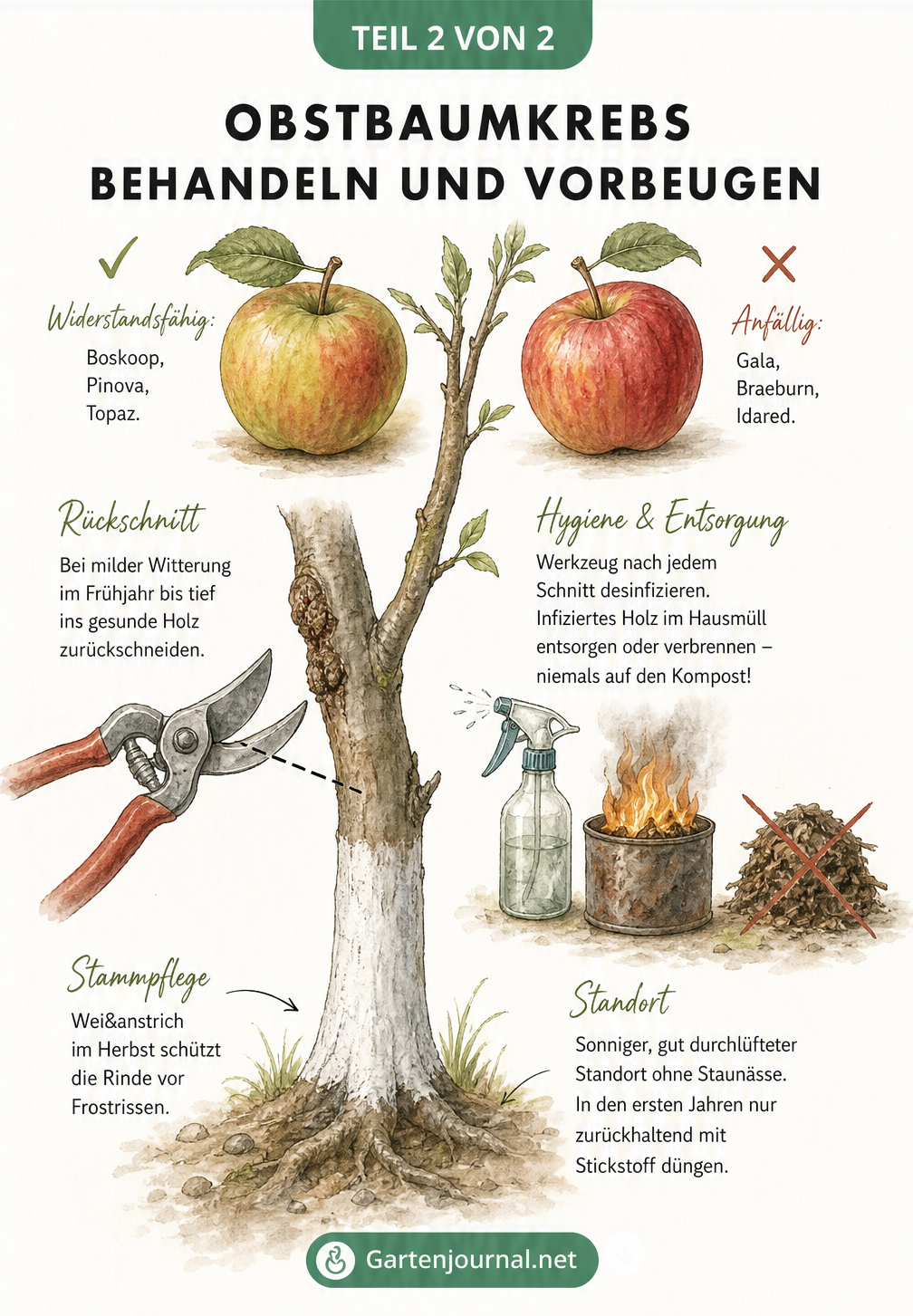 Illustration zur Vorbeugung und Behandlung von Obstbaumkrebs mit Sortenwahl, Rückschnitt und Stammpflege