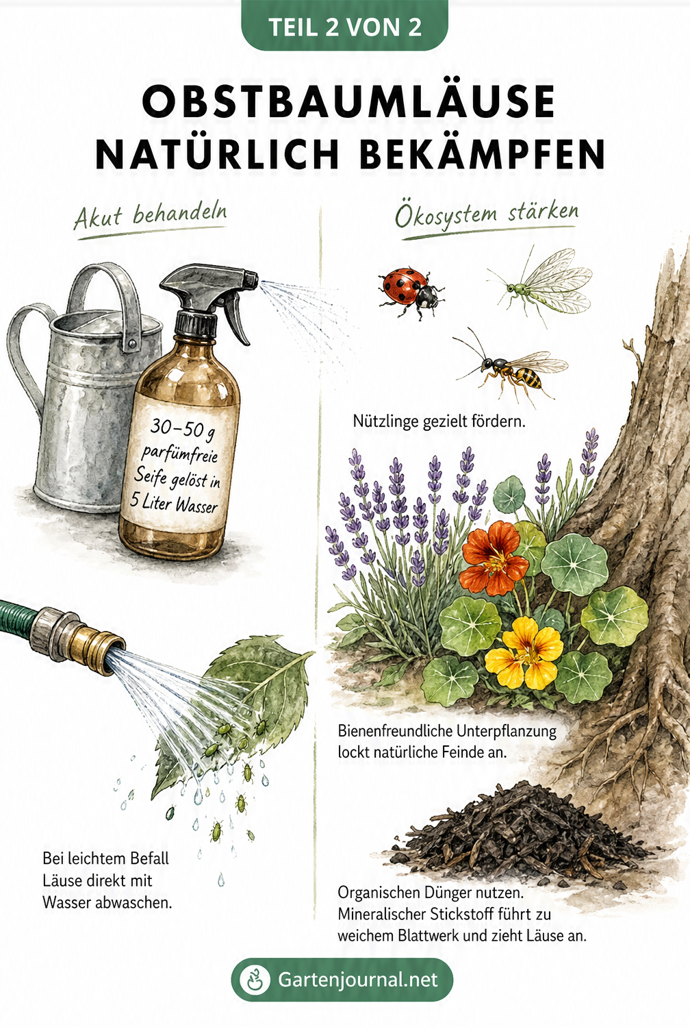 Illustration zur natürlichen Bekämpfung von Obstbaumläusen mit Hausmitteln wie Seifenlauge, Wasserstrahl und der Förderung von Nützlingen durch...