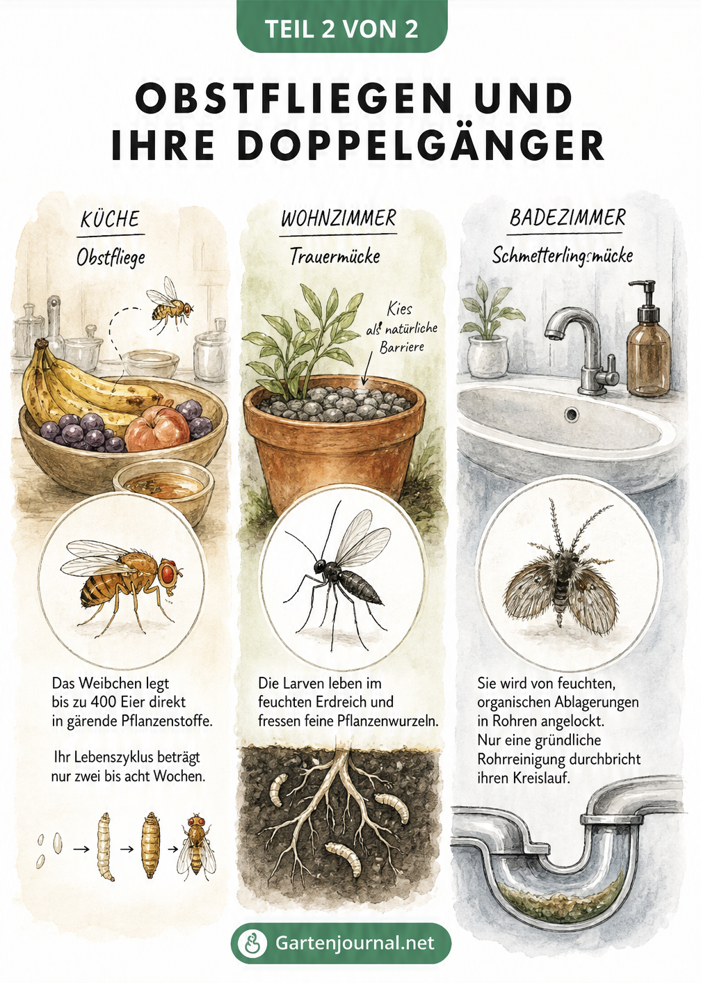 Diorama von drei Lebensräumen: Obstfliege an überreifem Obst, Trauermücke im Blumentopf und Schmetterlingsmücke im Abfluss