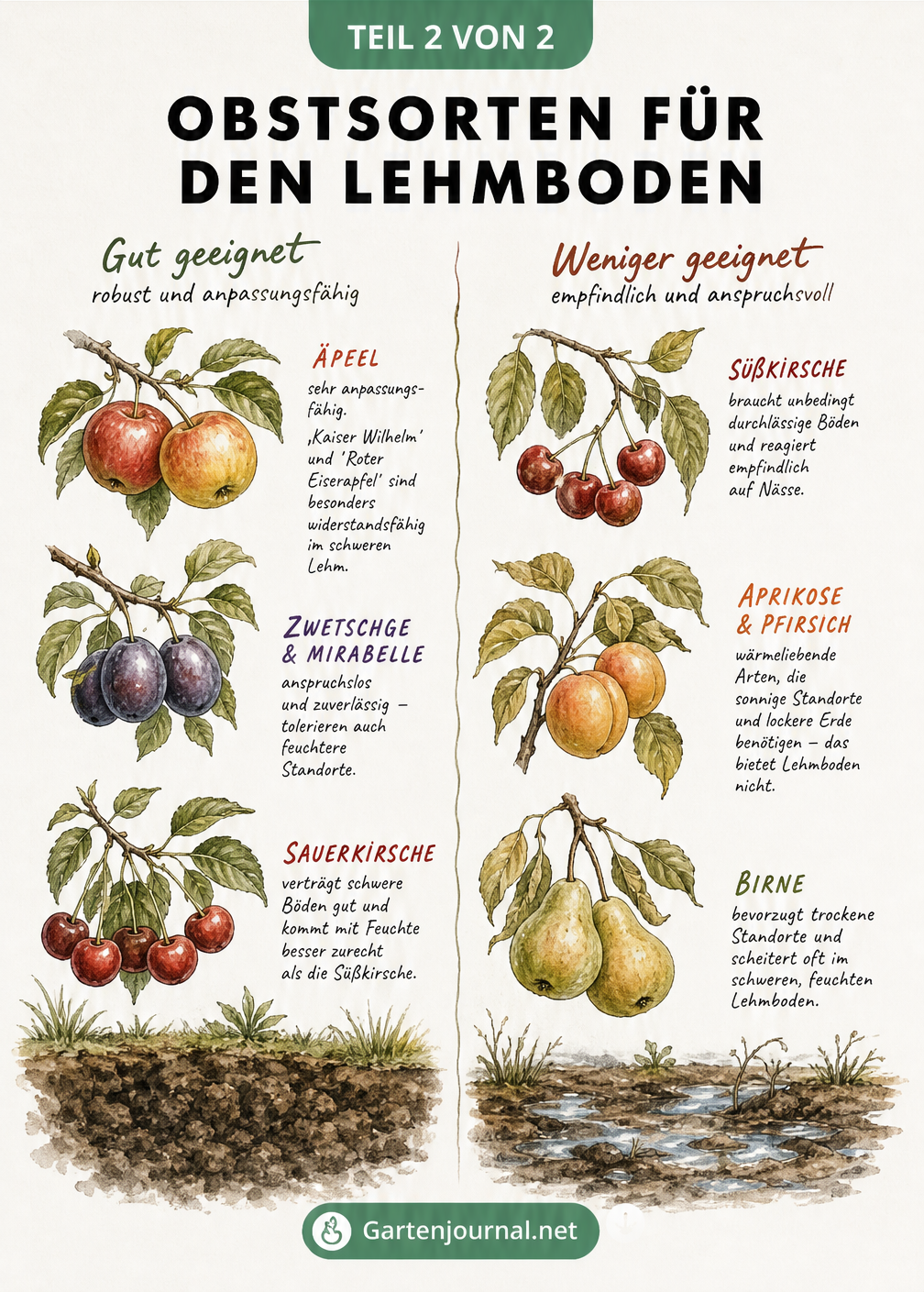 Illustration von robusten Obstsorten wie Apfel und Zwetschge im Vergleich zu empfindlichen Sorten wie Süßkirsche bei Staunässe