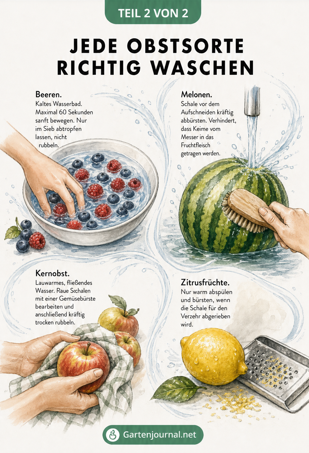 Illustration verschiedener Obstsorten wie Beeren, Melonen, Äpfel und Zitronen mit Anleitungen zum richtigen Waschen
