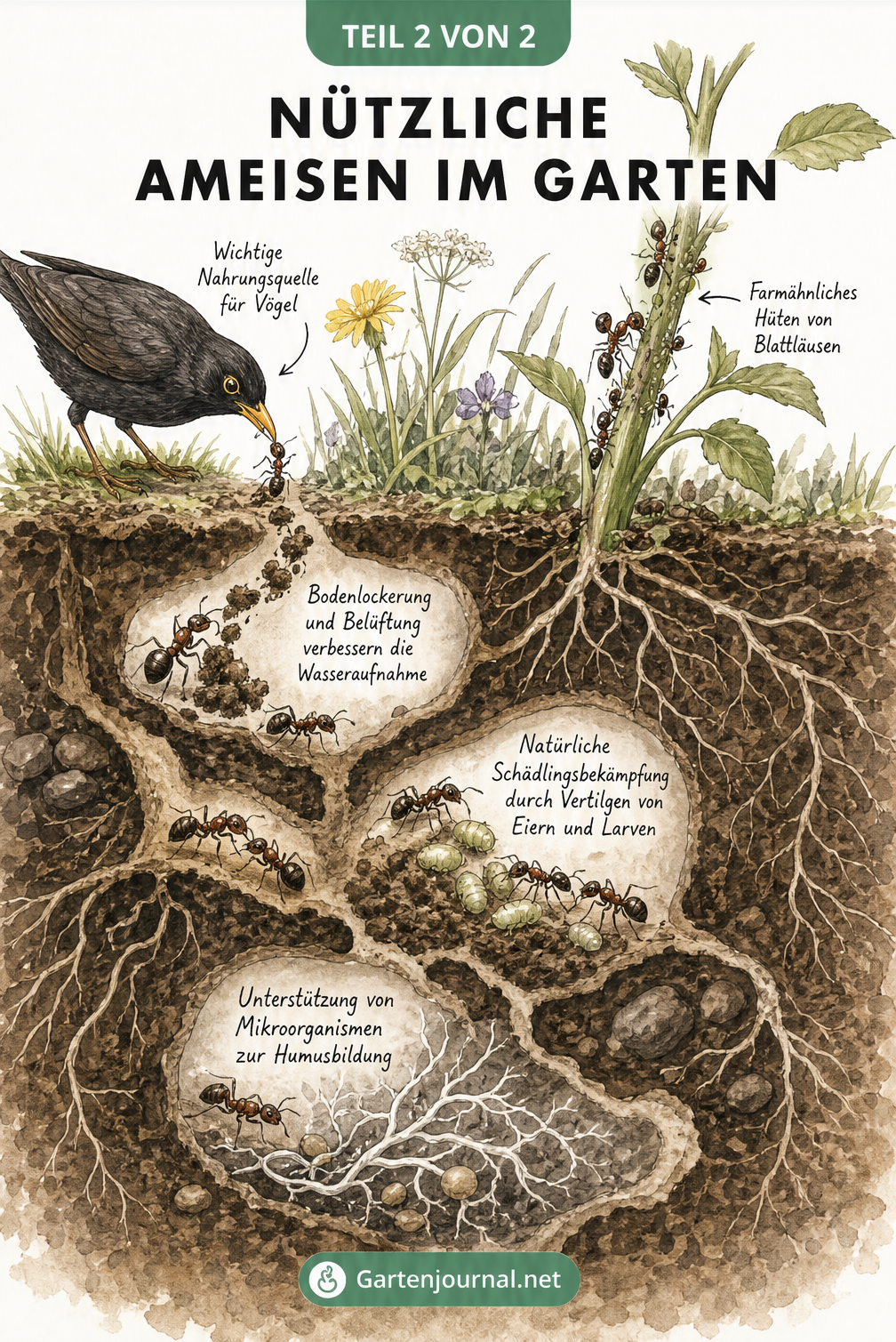 Querschnitt durch den Gartenboden, der die ökologischen Vorteile von Ameisen wie Bodenlockerung und Schädlingsbekämpfung zeigt