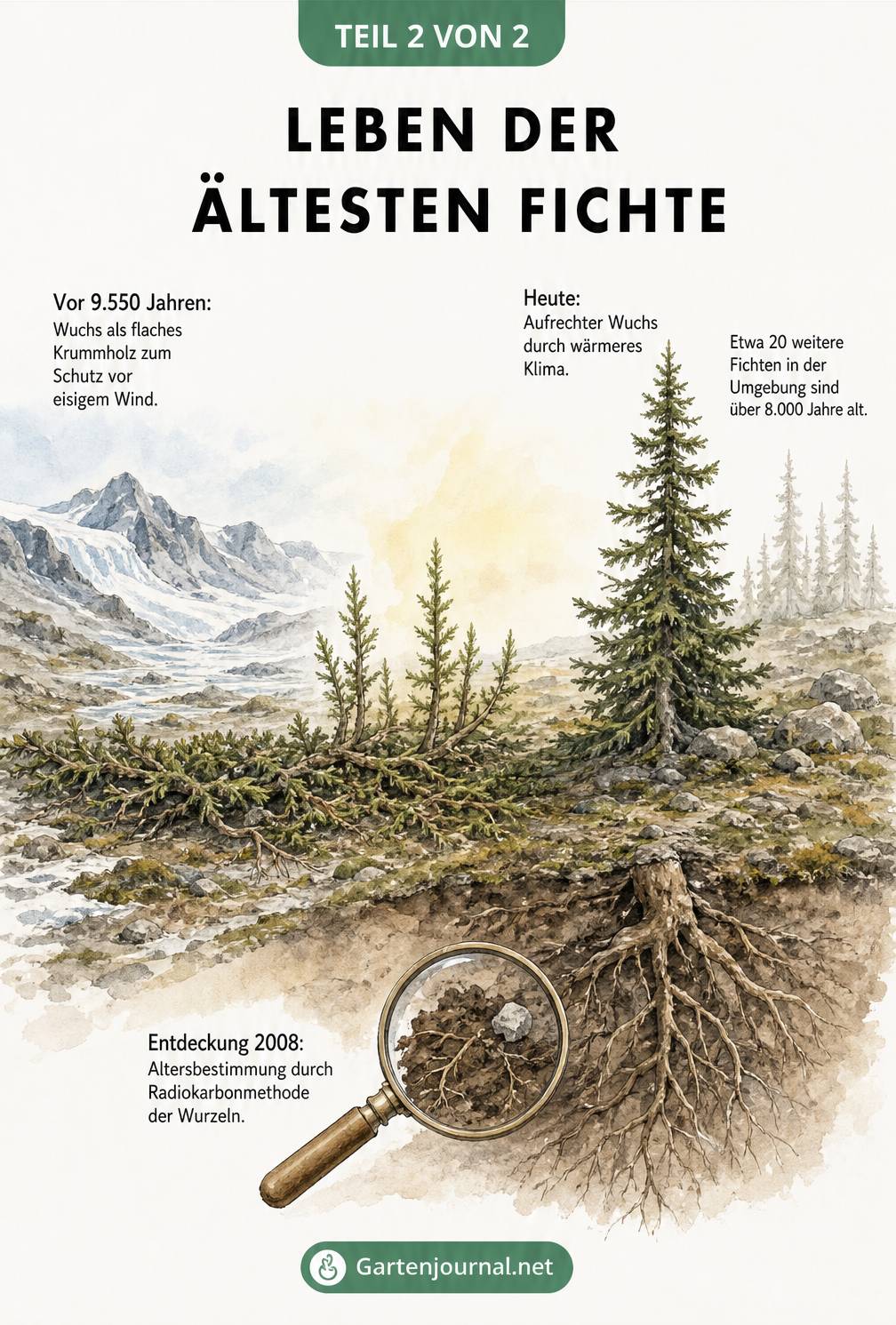 Historisches Landschaftspanorama der Fichte Old Tjikko vom flachen Krummholz in der Eiszeit bis zum heutigen aufrechten Wuchs