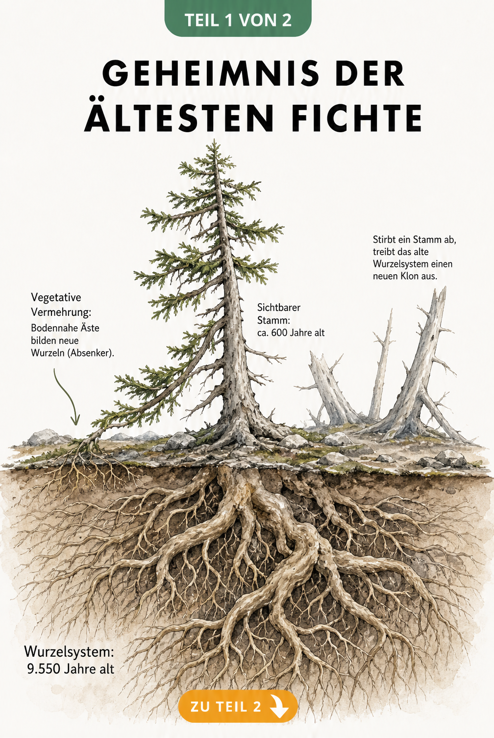 Botanische Querschnitts-Illustration der ältesten Fichte Old Tjikko mit oberirdischem Stamm und 9.550 Jahre altem Wurzelsystem