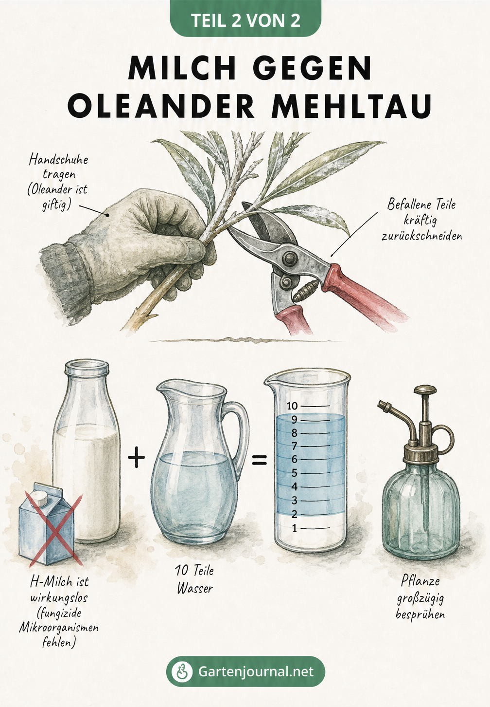 Illustration eines Hausmittels gegen Mehltau: Eine Gartenschere schneidet einen befallenen Trieb ab, daneben eine Mischung aus 1 Teil Vollmilch und 10 Teilen...