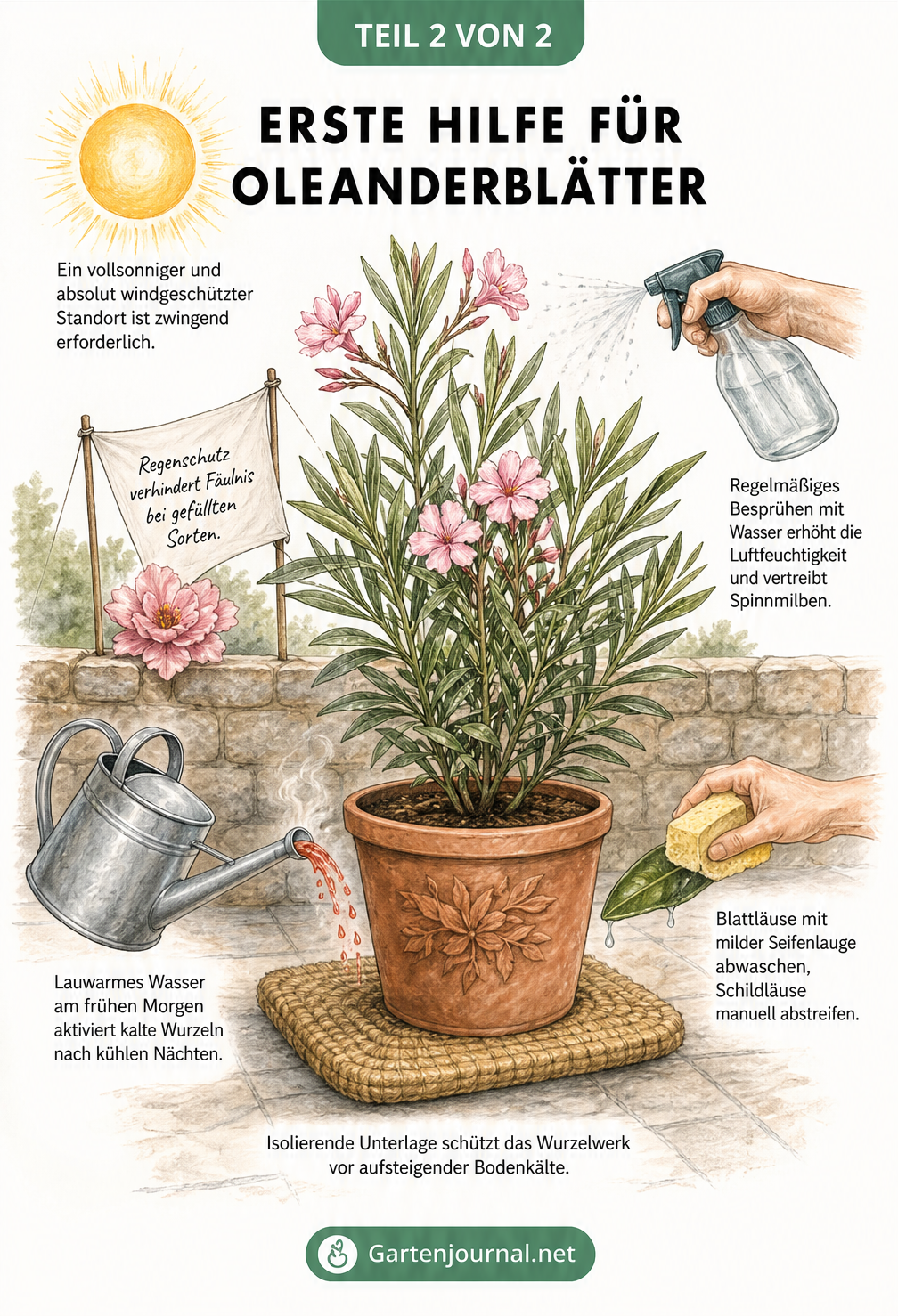 Schnittzeichnung eines Oleanders im Kübel auf einer Terrasse, die Pflegemaßnahmen wie eine isolierende Unterlage, Gießen mit lauwarmem Wasser, einen sonnigen...