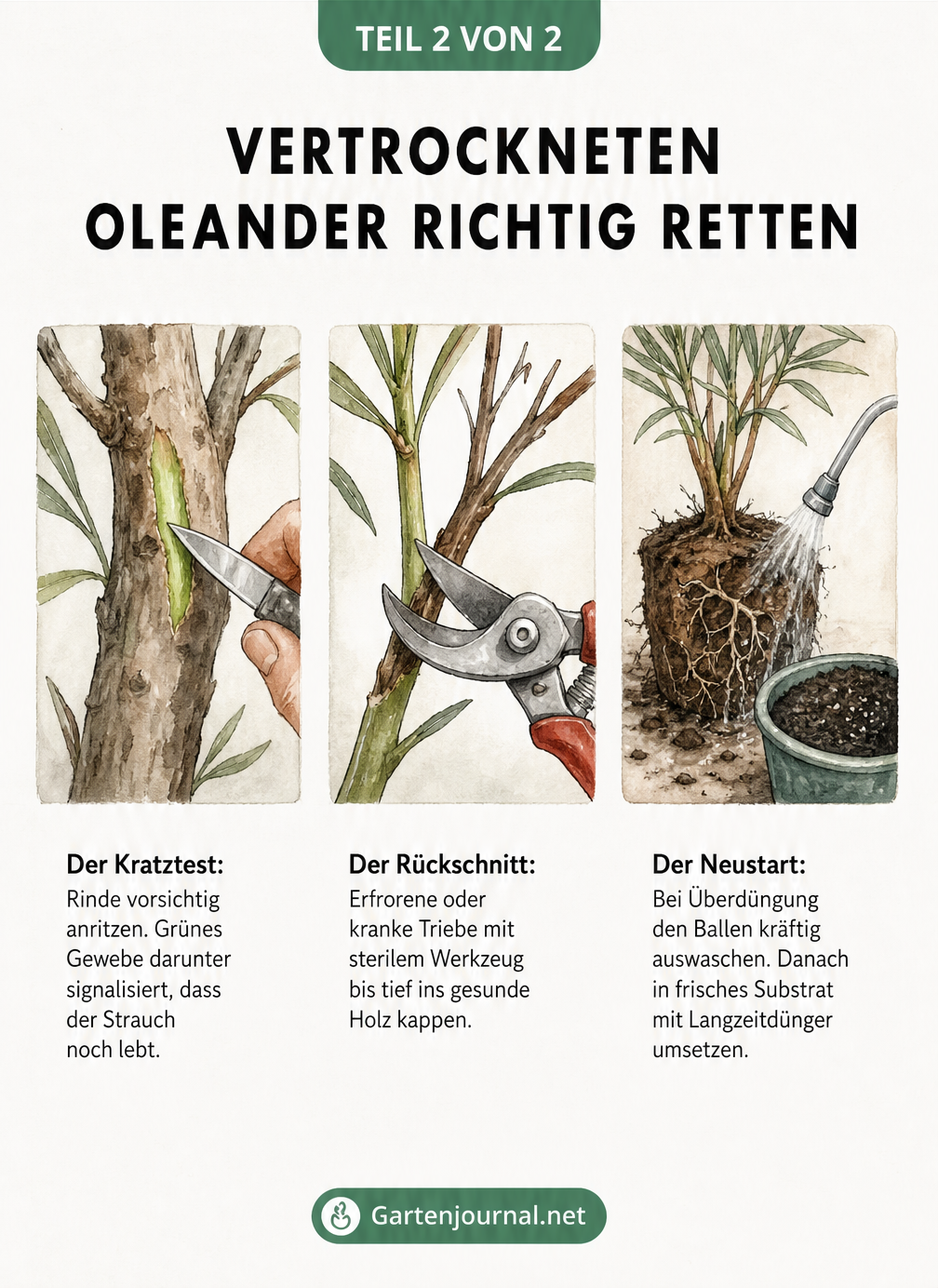 Drei Illustrationen zur Rettung eines Oleanders: Kratztest an der Rinde, Rückschnitt mit Gartenschere und Auswaschen des Wurzelballens.