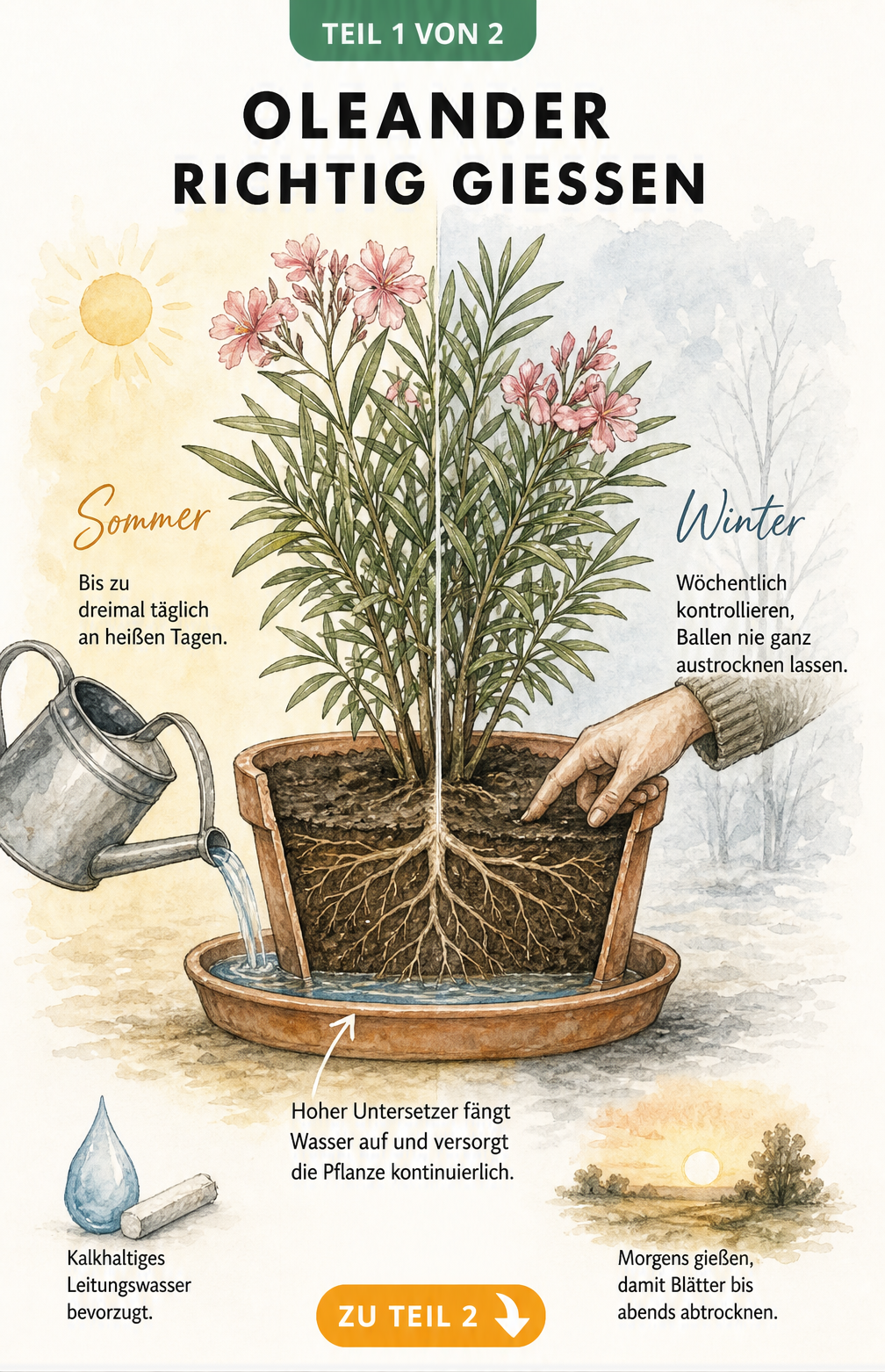 Querschnitt-Illustration eines Oleanders im Terrakottatopf mit hohem Untersetzer, die das Gießen im Sommer und Winter zeigt.