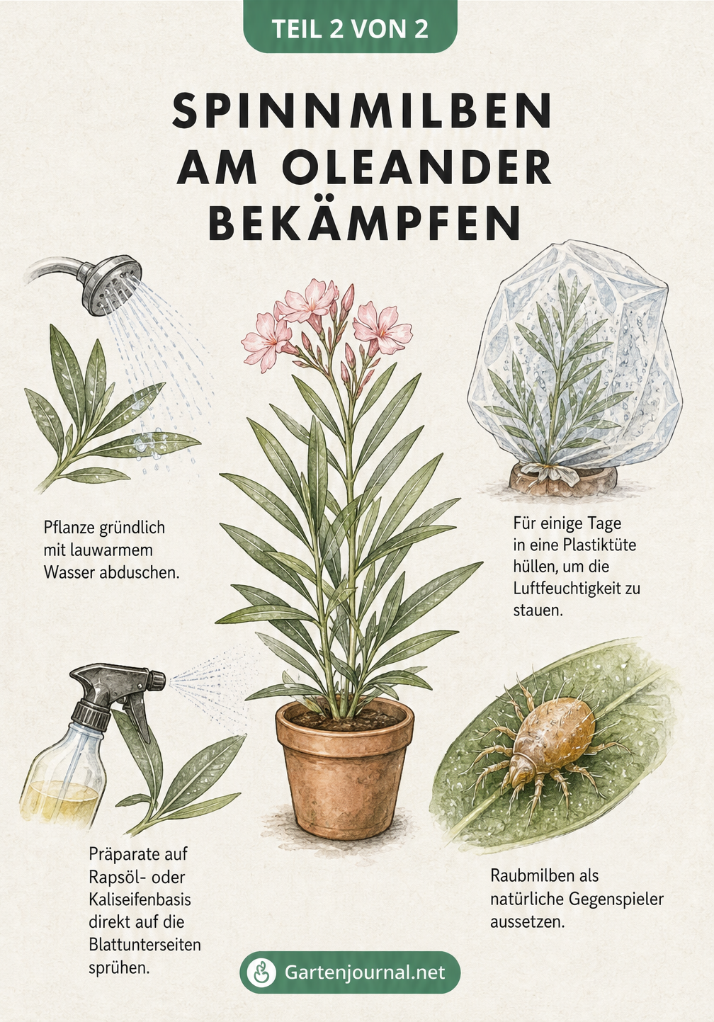 Vier Illustrationen zur Bekämpfung von Spinnmilben am Oleander: Abduschen, Plastiktüte, Besprühen und Raubmilben.