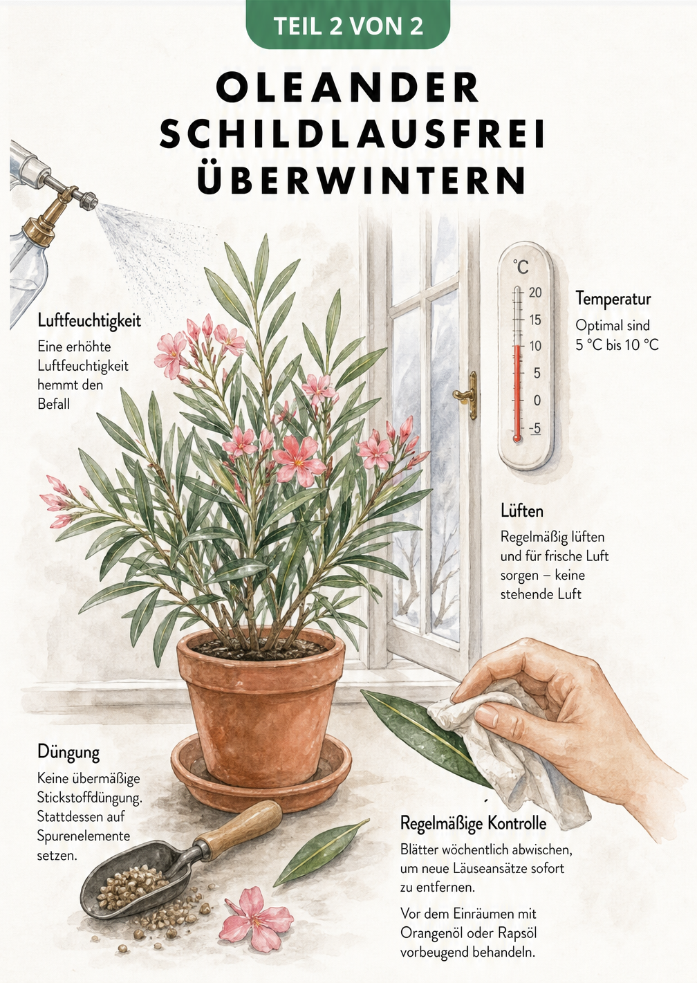 Illustration eines gesunden Oleanders im Winterquartier mit Hinweisen zu Temperatur, Luftfeuchtigkeit und Pflege