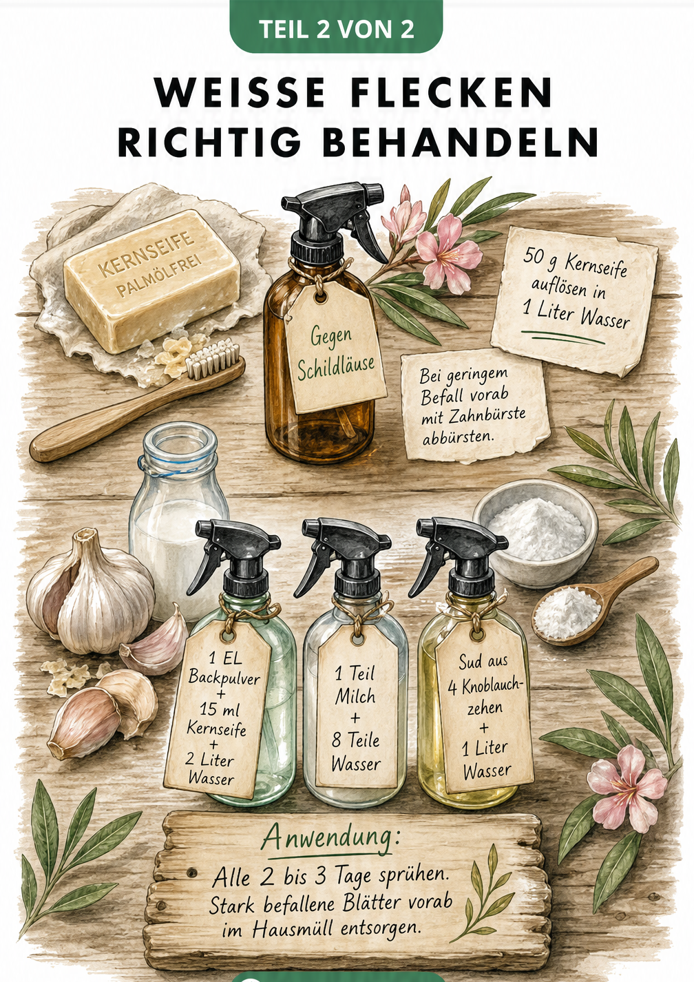 Illustration einer Gärtner-Werkbank mit natürlichen Hausmitteln wie Kernseife, Backpulver und Knoblauch gegen Schildläuse und Mehltau am Oleander
