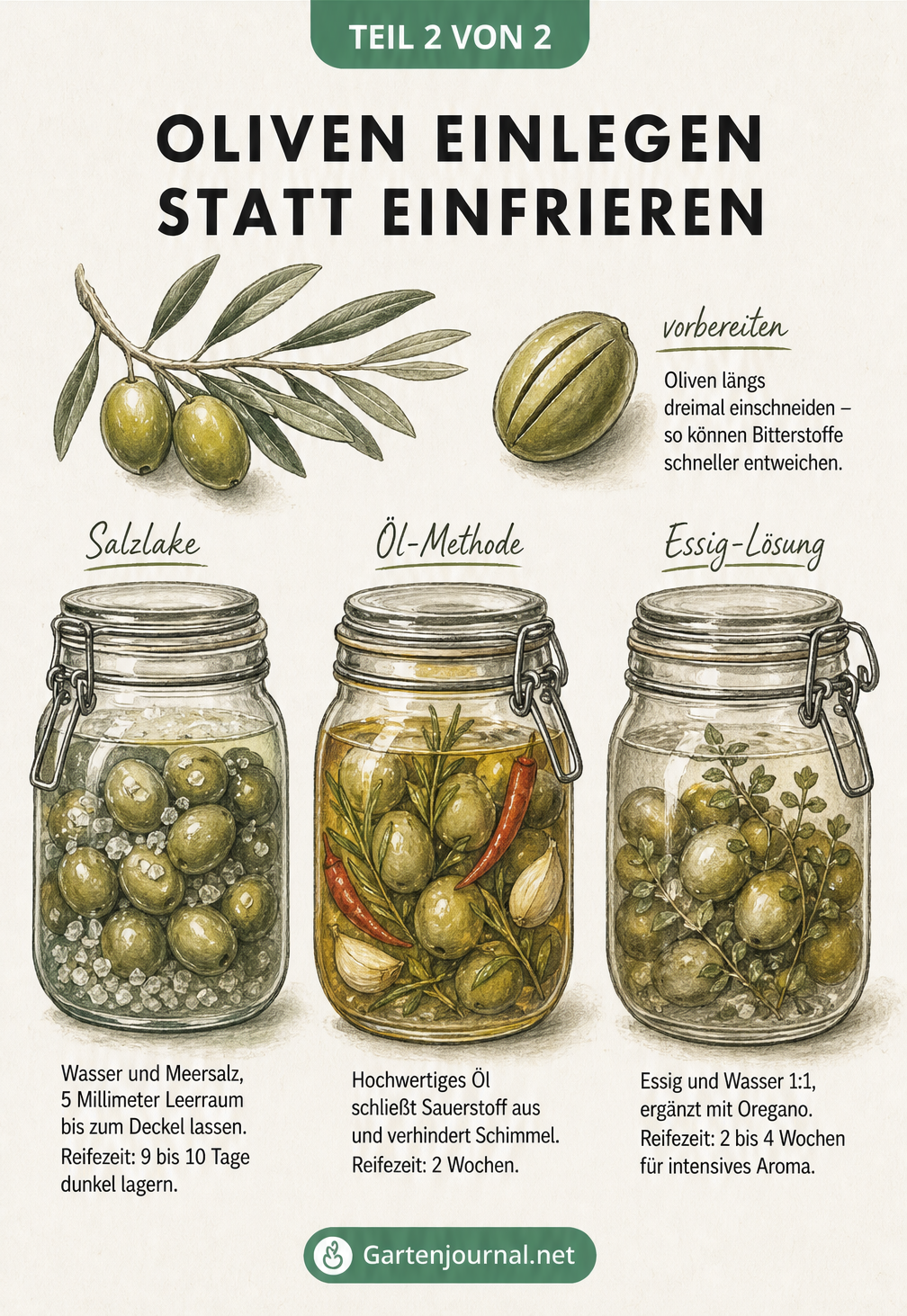 Illustration von drei Einmachgläsern mit Oliven: links in Salzlake, mittig in Öl mit Kräutern, rechts in Essig-Lösung.
