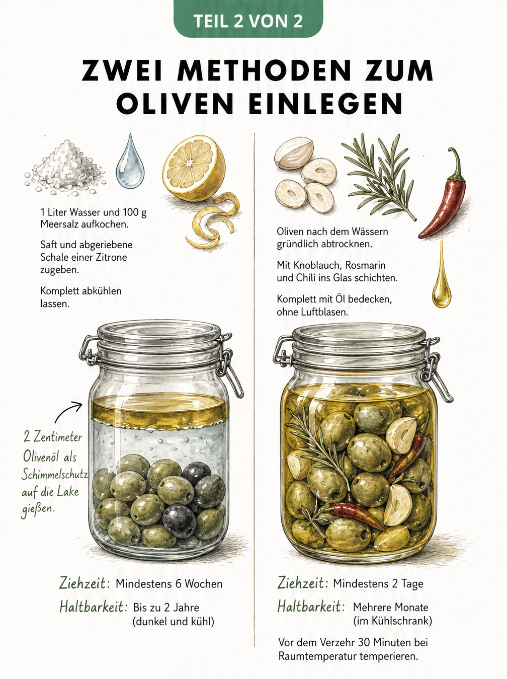Illustration: Zwei Methoden zum Oliven einlegen im Vergleich – in Salzlake mit Zitrone und in Öl mit Knoblauch und Rosmarin.