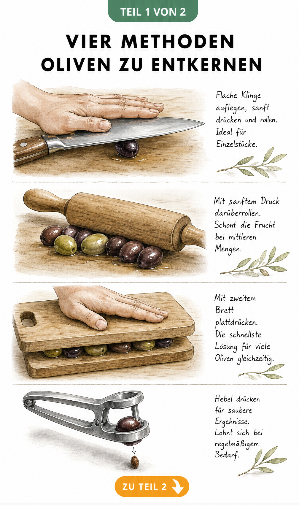 Illustration von vier Methoden zum Entkernen von Oliven: mit Messer, Nudelholz, zwei Schneidebrettern und einem Olivenentkerner.