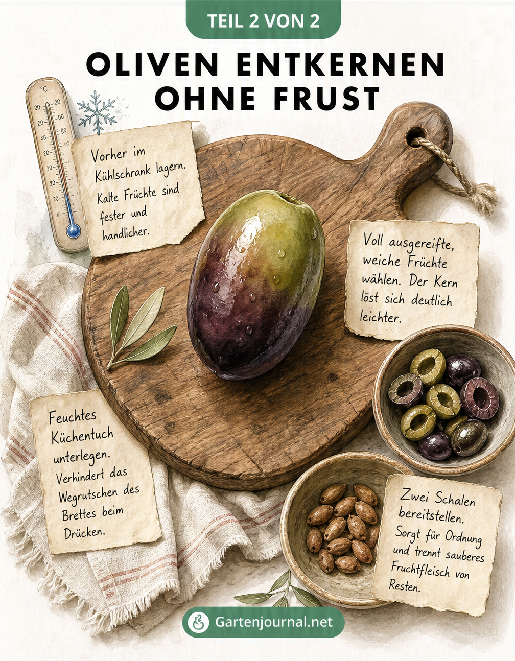 Illustration einer Olive auf einem Holzbrett mit Tipps zum Entkernen: vorher kühlen, reife Früchte wählen, feuchtes Tuch unterlegen und zwei Schalen nutzen.