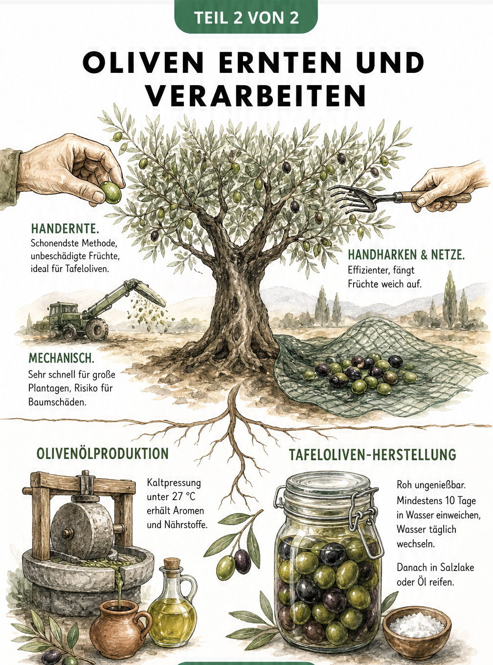 Illustration von Erntemethoden am Olivenbaum wie Handernte und Handharken sowie die Verarbeitung zu Olivenöl und Tafeloliven.