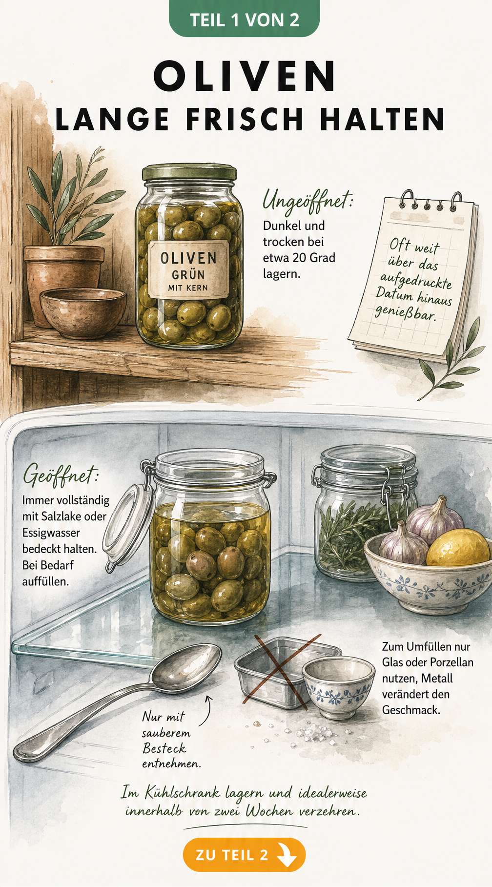 Illustration zur Lagerung von Oliven: Ungeöffnet im Vorratsregal und geöffnet im Kühlschrank