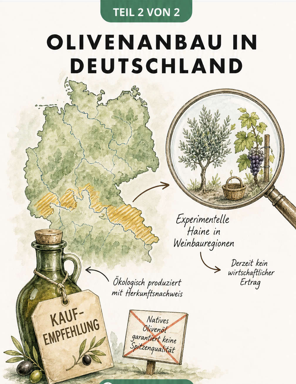 Landkarte von Deutschland mit markierten Weinbauregionen für experimentellen Olivenanbau