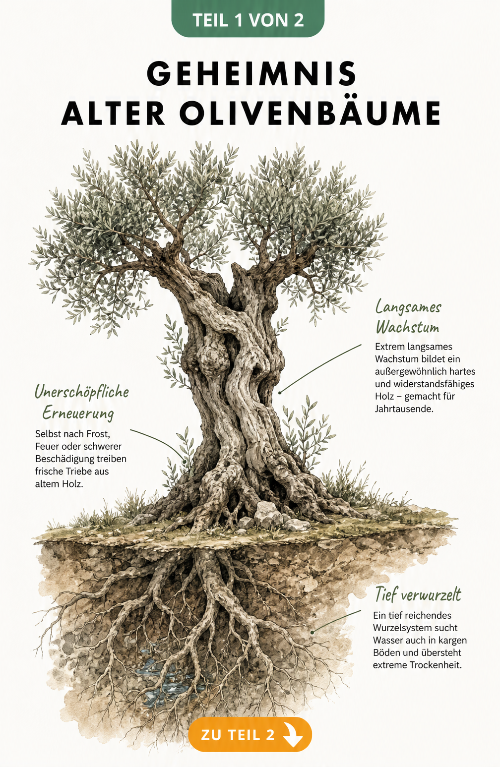 Illustration eines alten Olivenbaums mit tiefem Wurzelwerk und knorrigem Stamm, die Gründe für seine Langlebigkeit zeigt