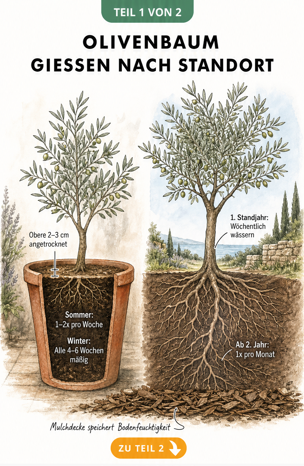 Illustration eines Olivenbaums im Topf und im Freiland mit Gießintervallen