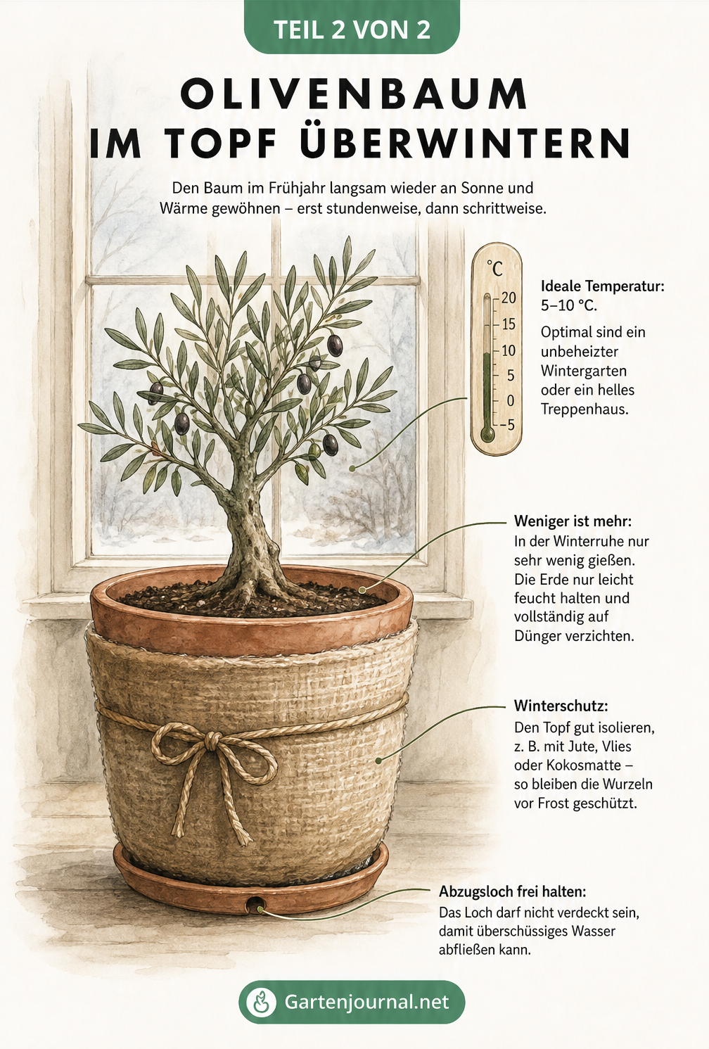 Illustration eines Olivenbaums im Winterquartier vor einem Fenster mit Thermometer und isoliertem Topf