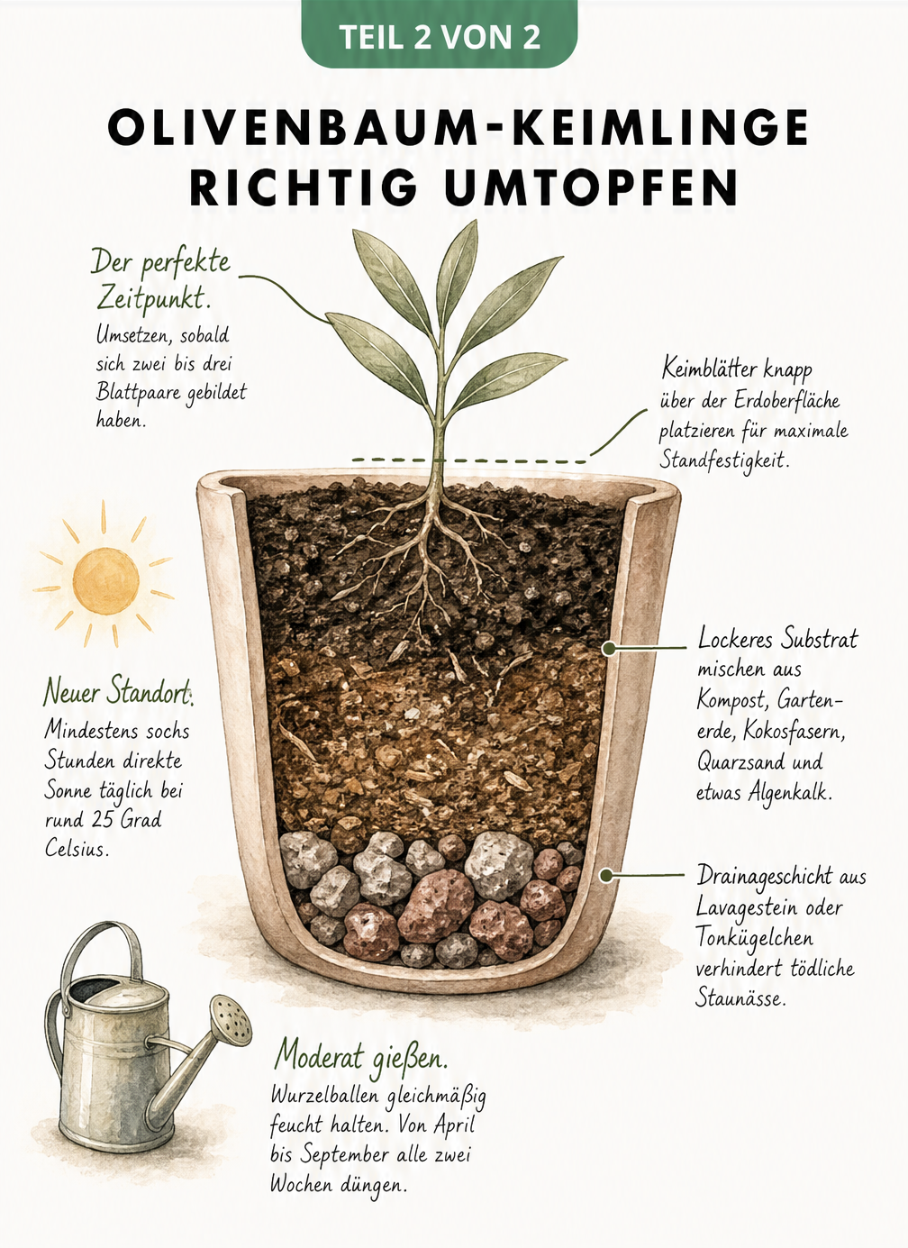 Querschnitt eines Pflanzgefäßes mit einem Olivenbaum-Keimling, Drainageschicht und Substrat