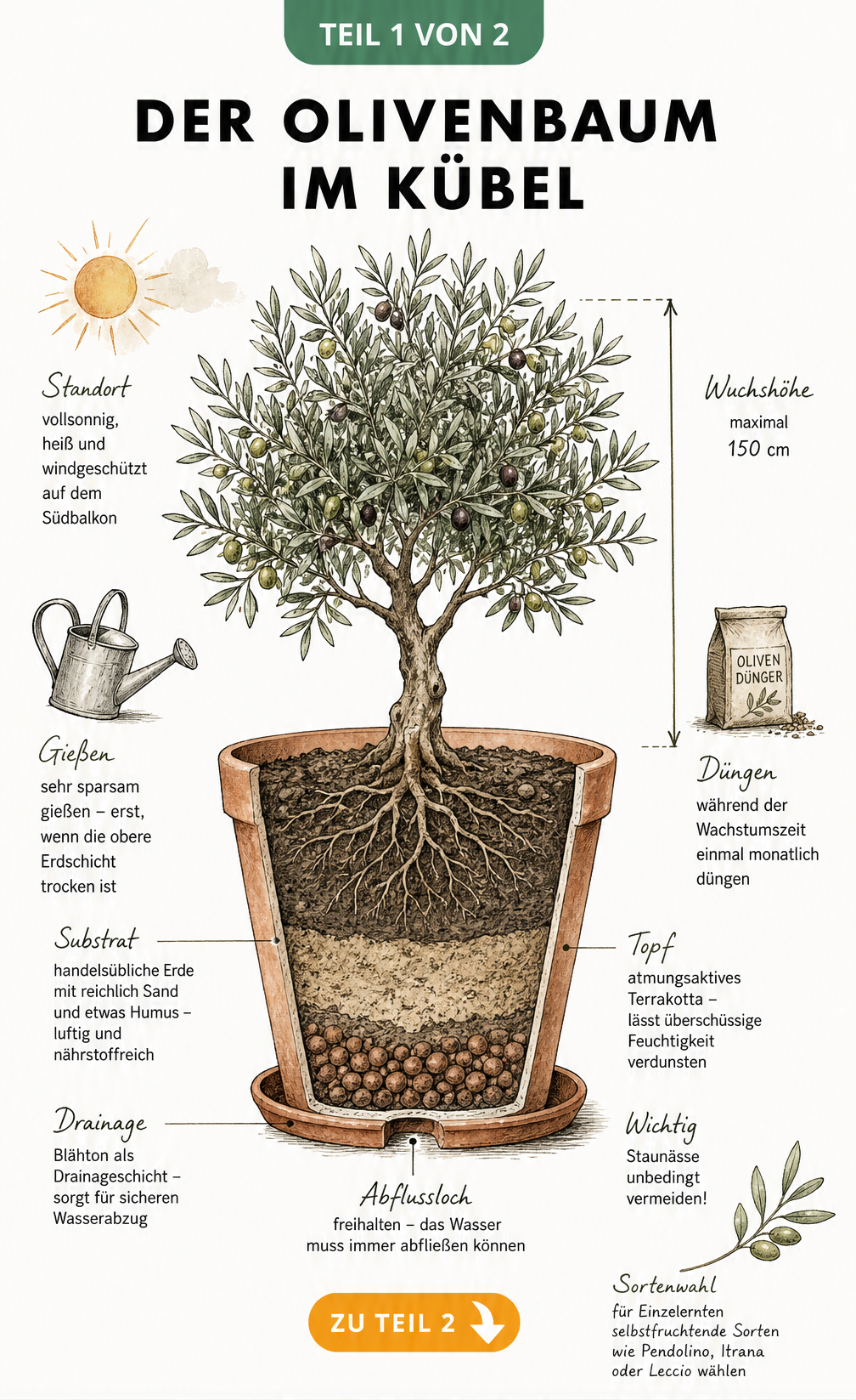 Botanische Illustration eines Olivenbaums im Terrakotta-Topf mit Querschnitt der Erdschichten und Pflegehinweisen