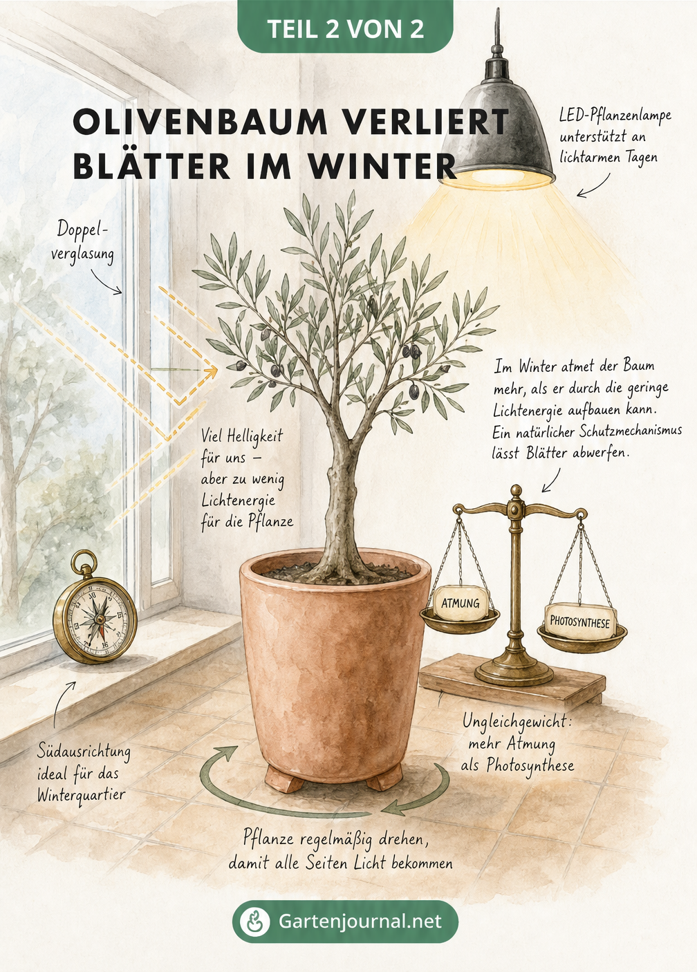 Aquarell-Illustration eines Olivenbaums am Fenster im Winter mit LED-Pflanzenlampe und Waage für Photosynthese