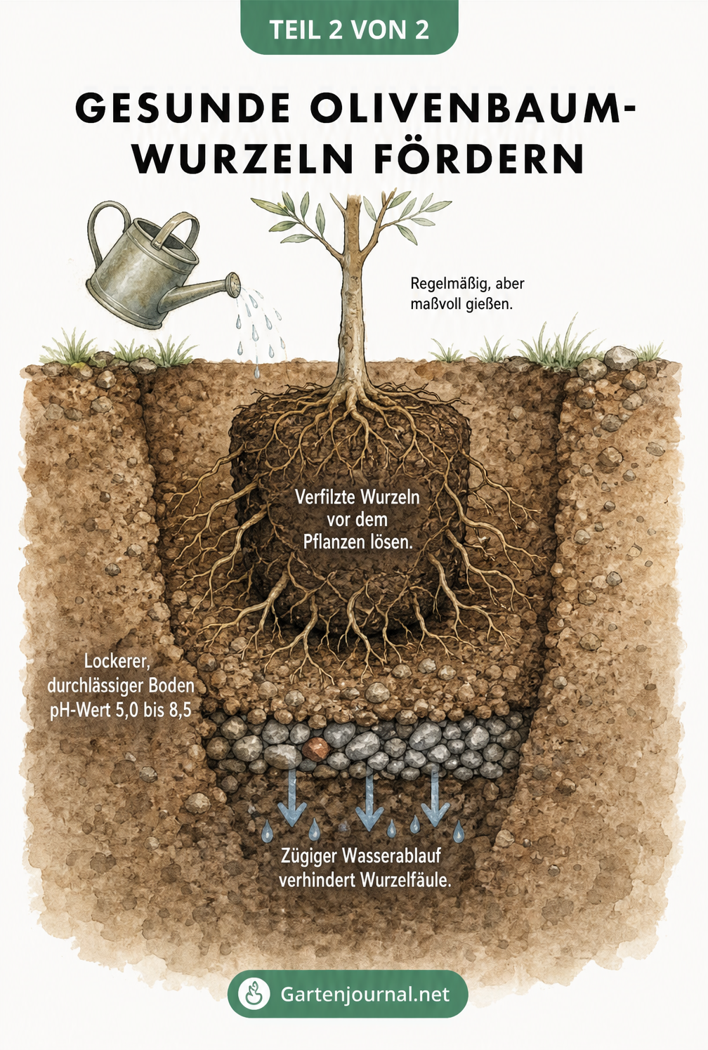 Querschnitt eines frisch gepflanzten Olivenbaum-Wurzelballens in einem Pflanzloch mit lockerer Erde und Drainageschicht.