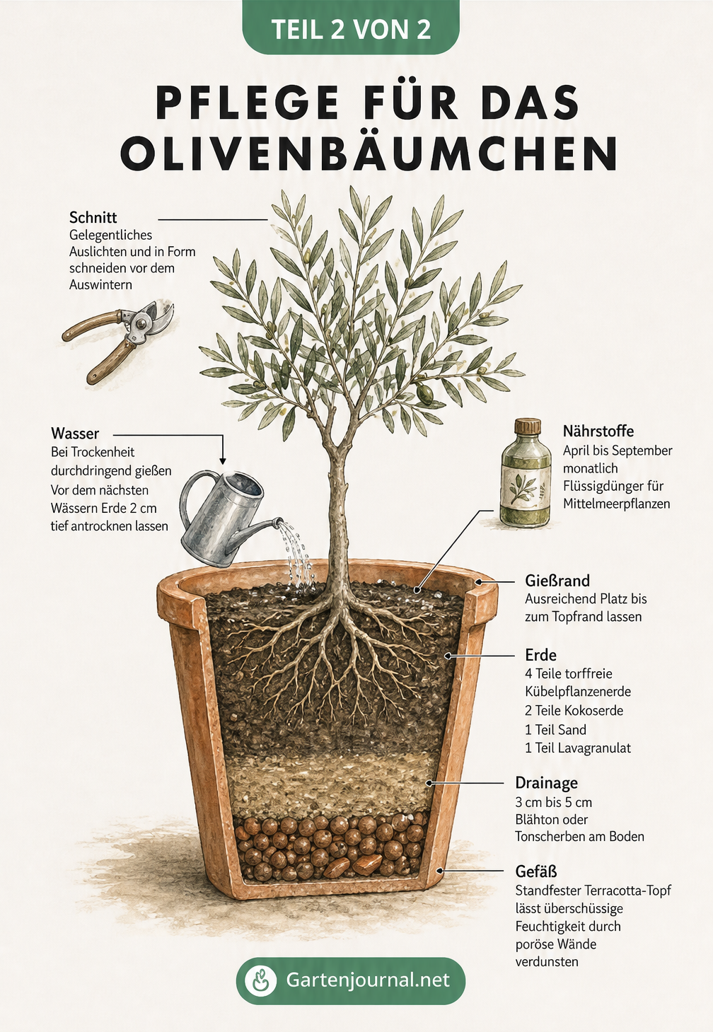 Querschnitt eines Terracotta-Topfes mit Olivenbaum, der Erdschichten und Pflegemaßnahmen zeigt